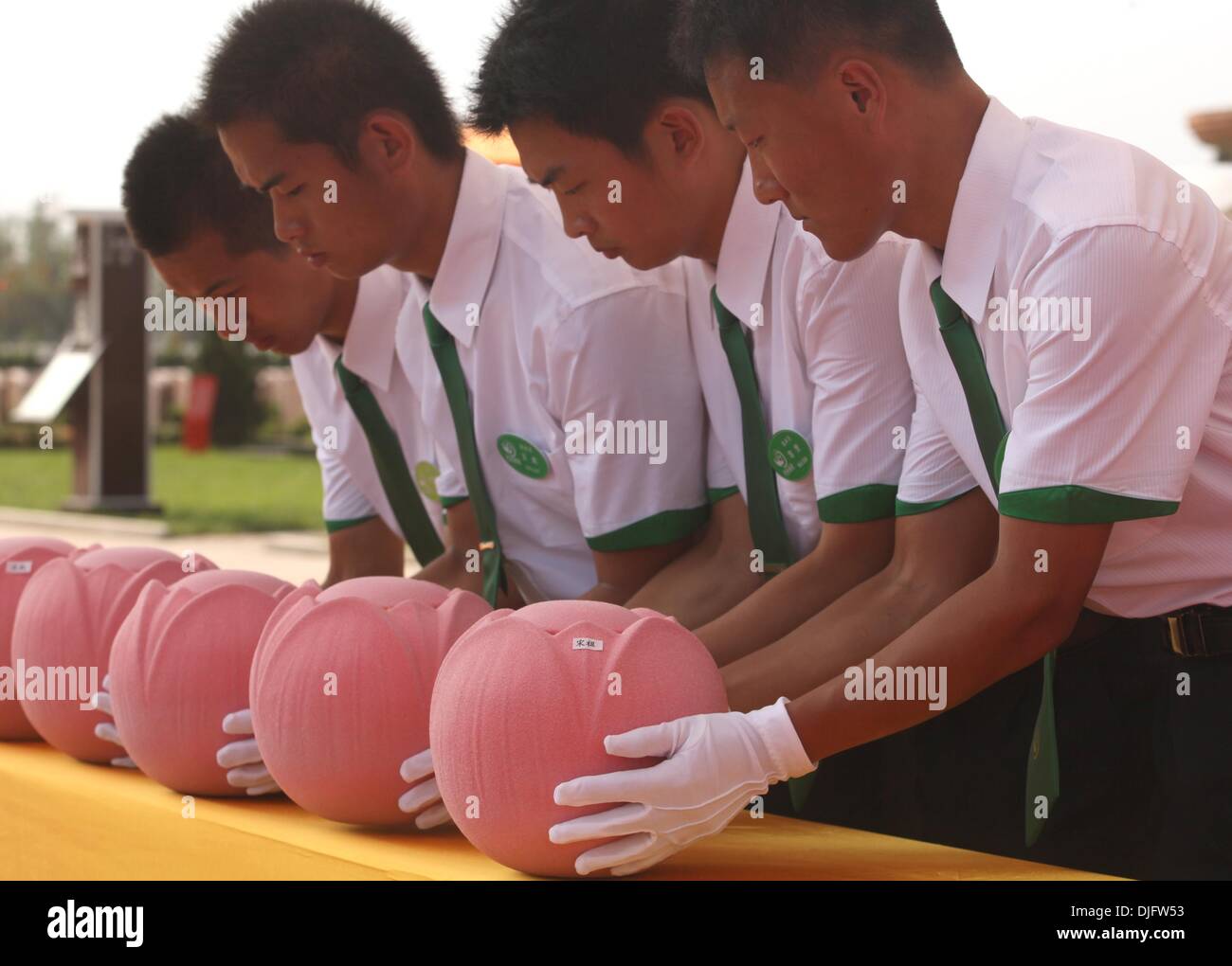 Tianjin, CHINA. 20. Juli 2010. Junge chinesische Soldaten Aufgaben Begräbnis 280 biologisch abbaubare Urnen während einer kollektiven Öko-Bestattung Zeremonie auf dem Friedhof in Tianjin, 20. Juli 2010. Die patentierte Urnen in China sollen zum Schutz der Umwelt beitragen, da Platz auf den Friedhöfen ein ernstes Problem in einem Land geworden ist, die 1/5 der Bevölkerung der Welt und hat eine Sterblichkeitsrate von bis zu 10 Millionen pro Jahr. Stephen Shaver/ZUMAPRESS.com/Alamy © Live-Nachrichten Stockfoto