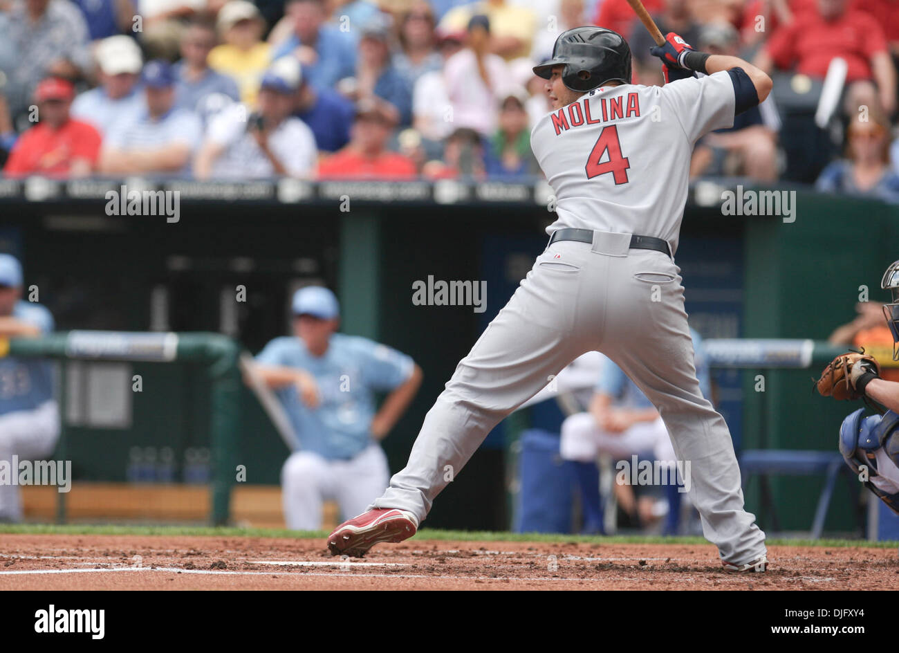 27. Juni 2010 - Kansas City, Missouri, USA - 27. Juni 2010: St. Louis Cardinals Catcher Yadier Molina (4) während des Sonntags Baseball-Spiel zwischen den Kansas City Royals und die St. Louis Cardinals im Kauffman Stadium in Kansas City, Missouri. (Kredit-Bild: © James Allison/Southcreek Global/ZUMApress.com) Stockfoto