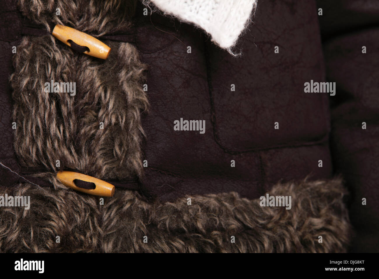 Winter Mode warme Kleidung Teil Pelzjacke mit Holzknopf als Verschleiß-Hintergrund Stockfoto