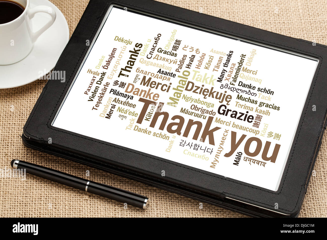 Danke in verschiedenen Sprachen - Wortwolke auf einem digitalen tablet Stockfoto
