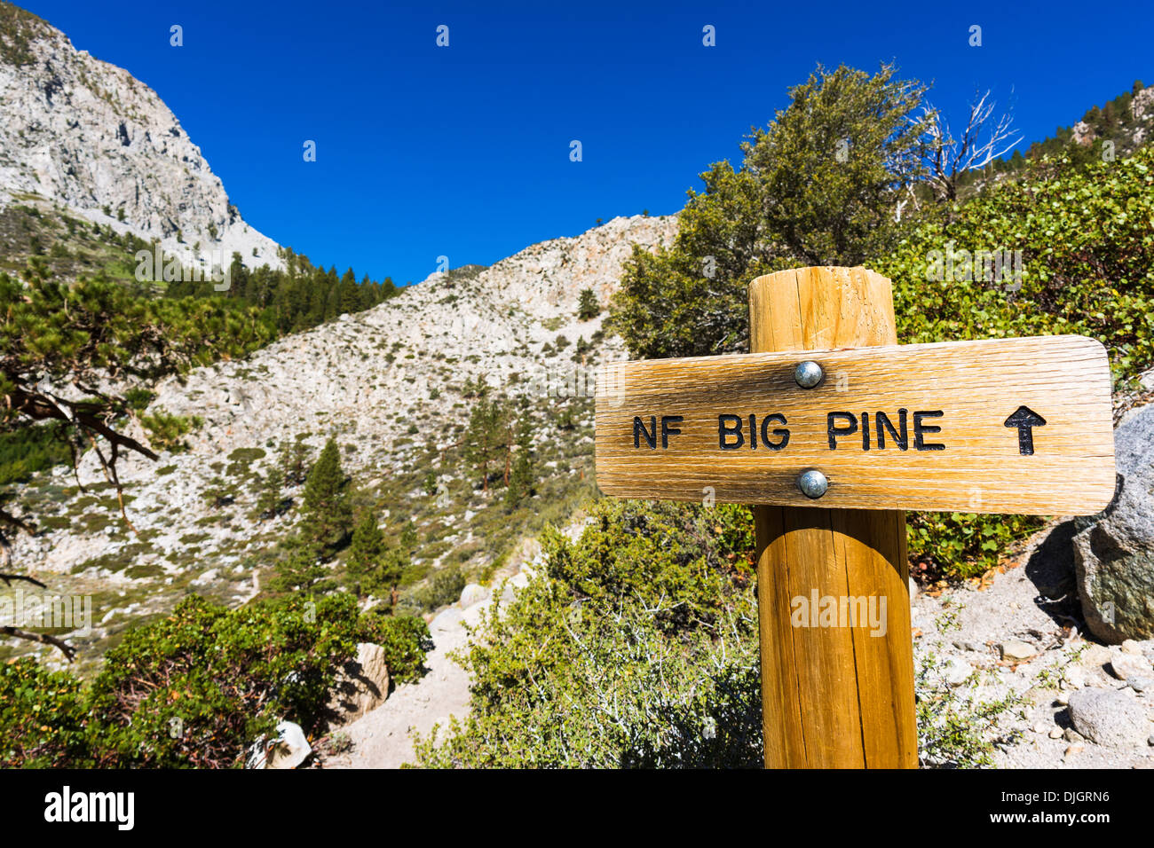 Trail Zeichen auf der North Fork von Big Pine Creek, Inyo National Forest, Kalifornien USA Stockfoto