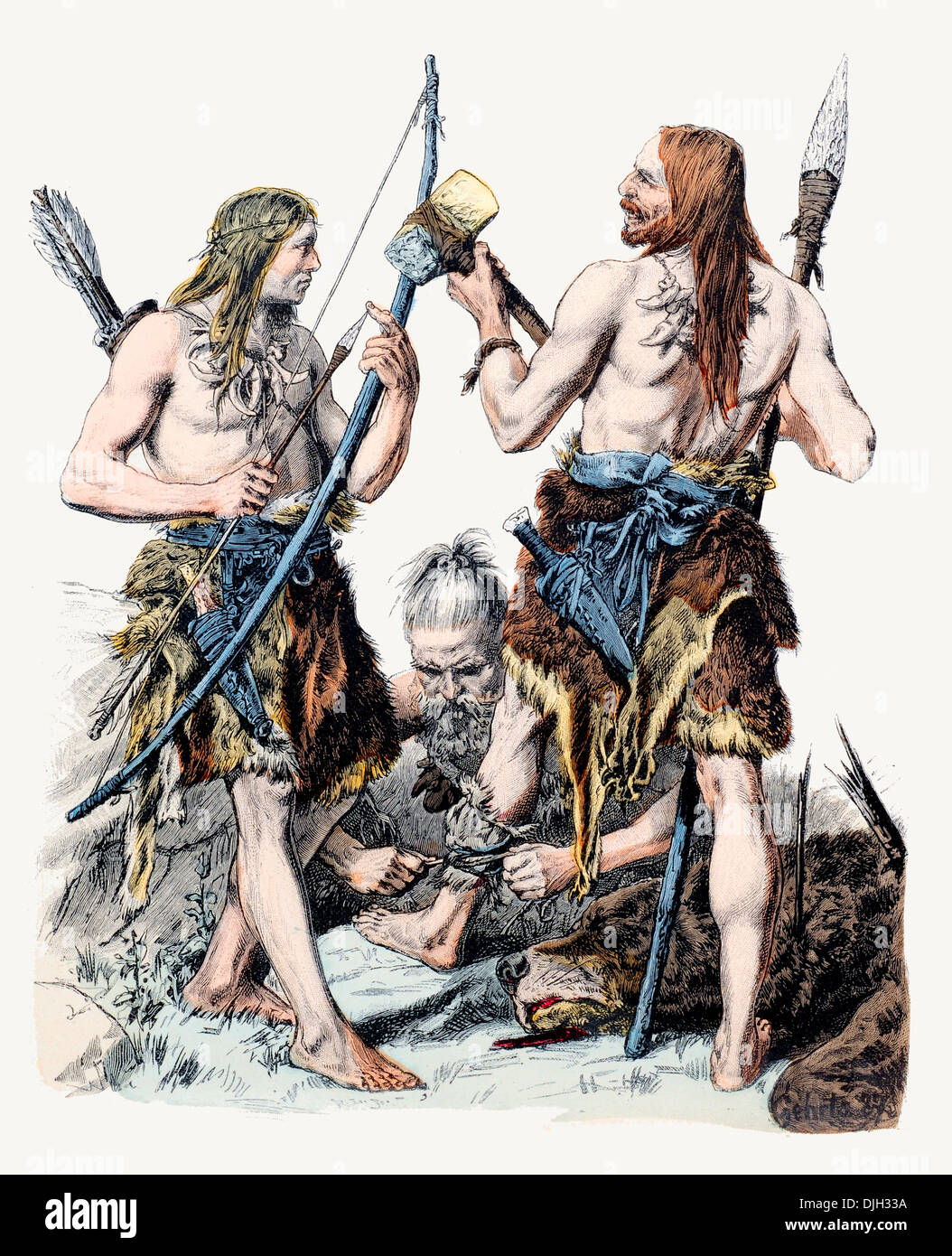Europäische Jäger und Sammler in der Steinzeit Stockfoto