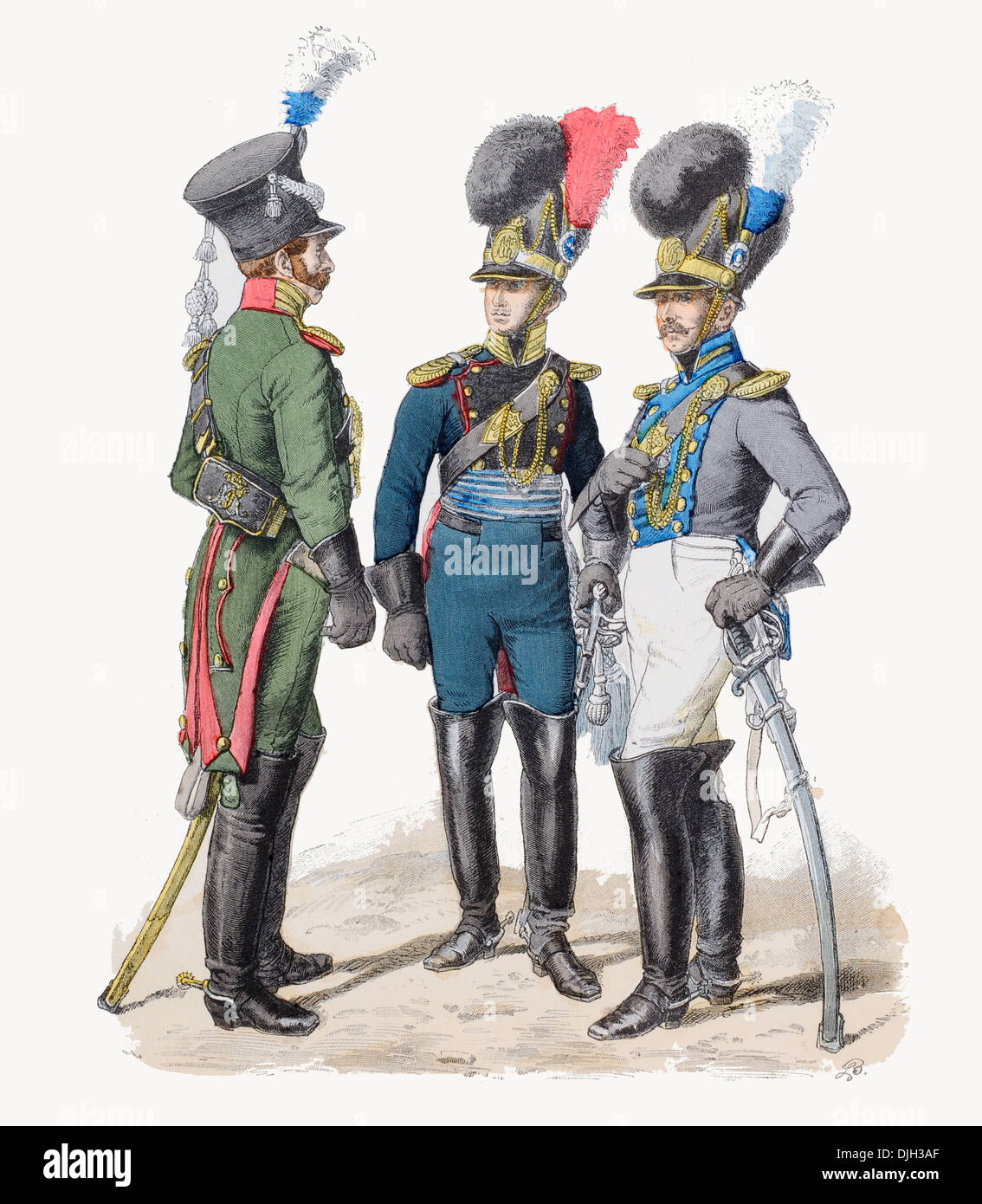 Anfang des 19. Jahrhunderts von links nach rechts Militärpolizei Artillerie-Offizier und Leutnant XIX bayerischen Militär Stockfoto