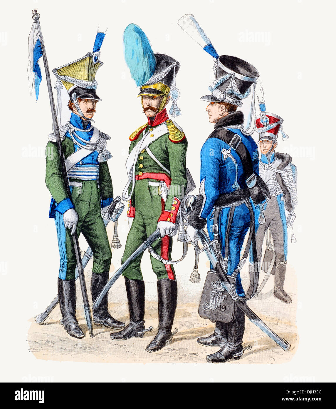 Anfang des 19. Jahrhunderts XIX bayerischen Militär von links nach rechts Lancer, Kavallerist und Husaren Stockfoto