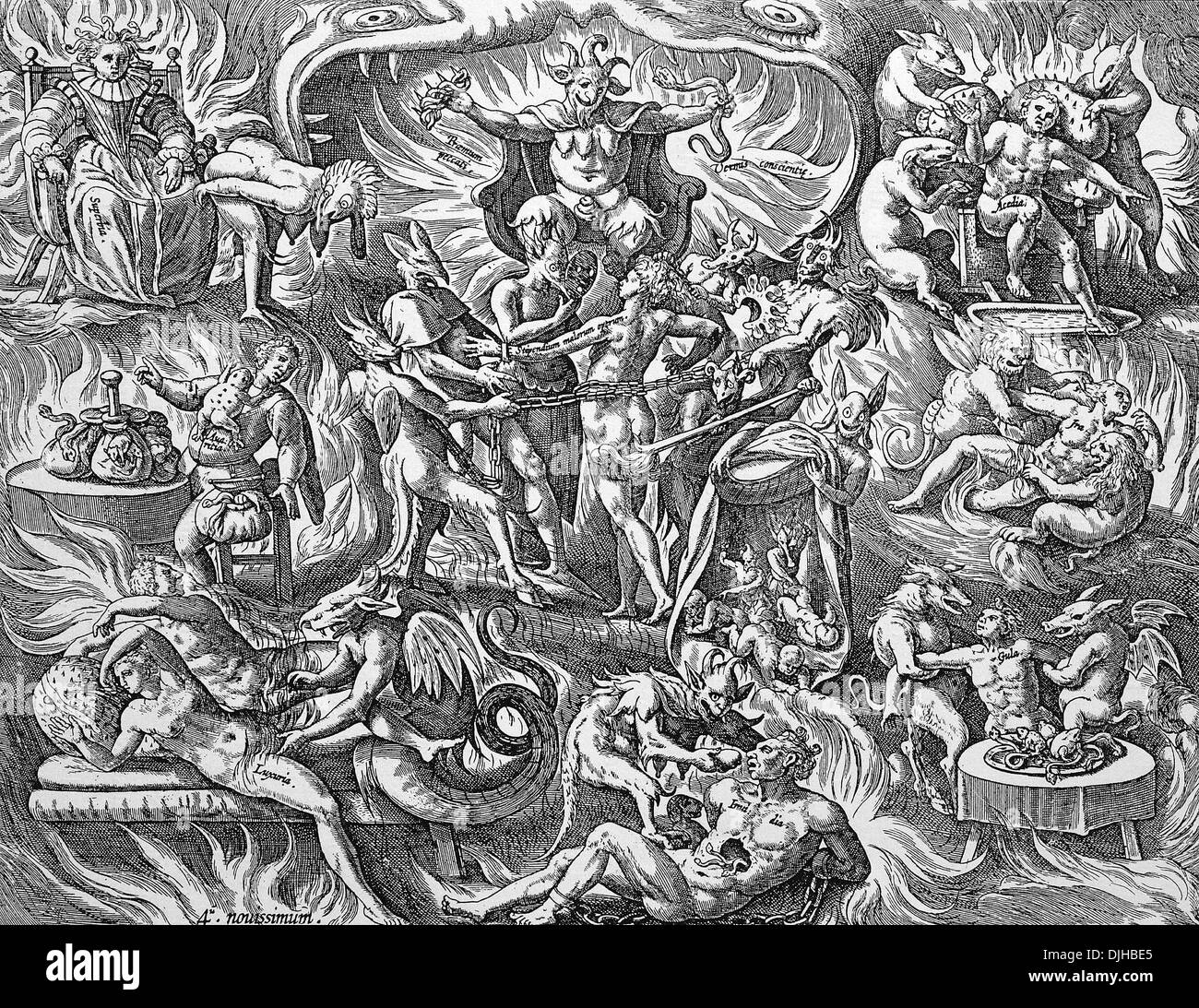 Die Qualen und Schrecken der Hölle, Kupfer Kupferstich von Martin de Voss, um 1750 Stockfoto