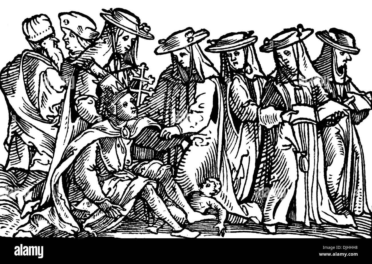 Pope Joan Geburt in den Straßen, ein deutscher satirischer Holzschnitt, um 1750 Stockfoto