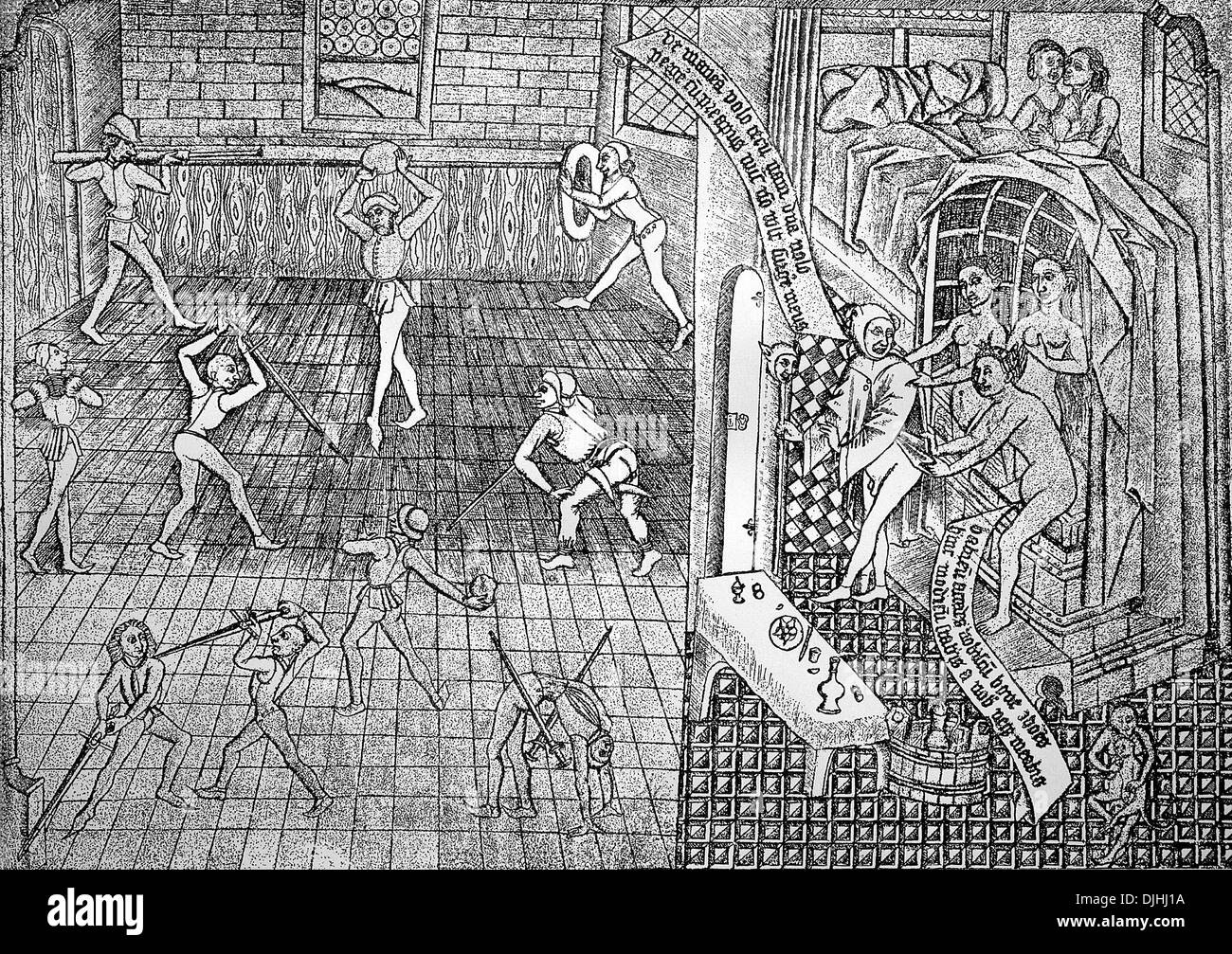 Fechten und ein Haus der Prostitution, 15. Jahrhundert Stockfoto