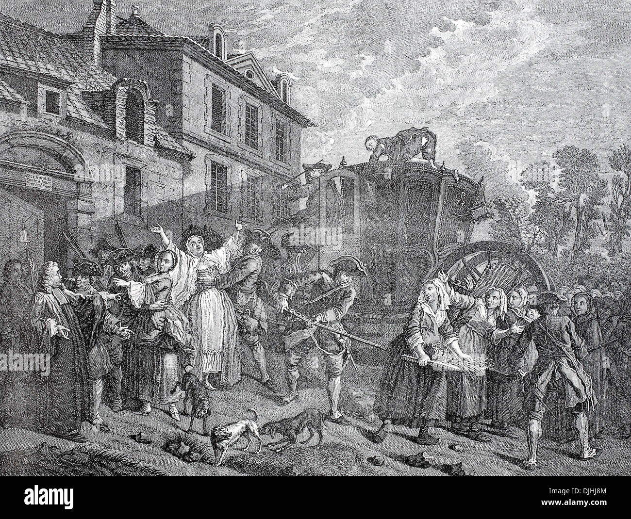Polizei ein Haus der Prostitution Herunterfahren, Kupfer Französisch Gravur, frühes 18. Jahrhundert Stockfoto