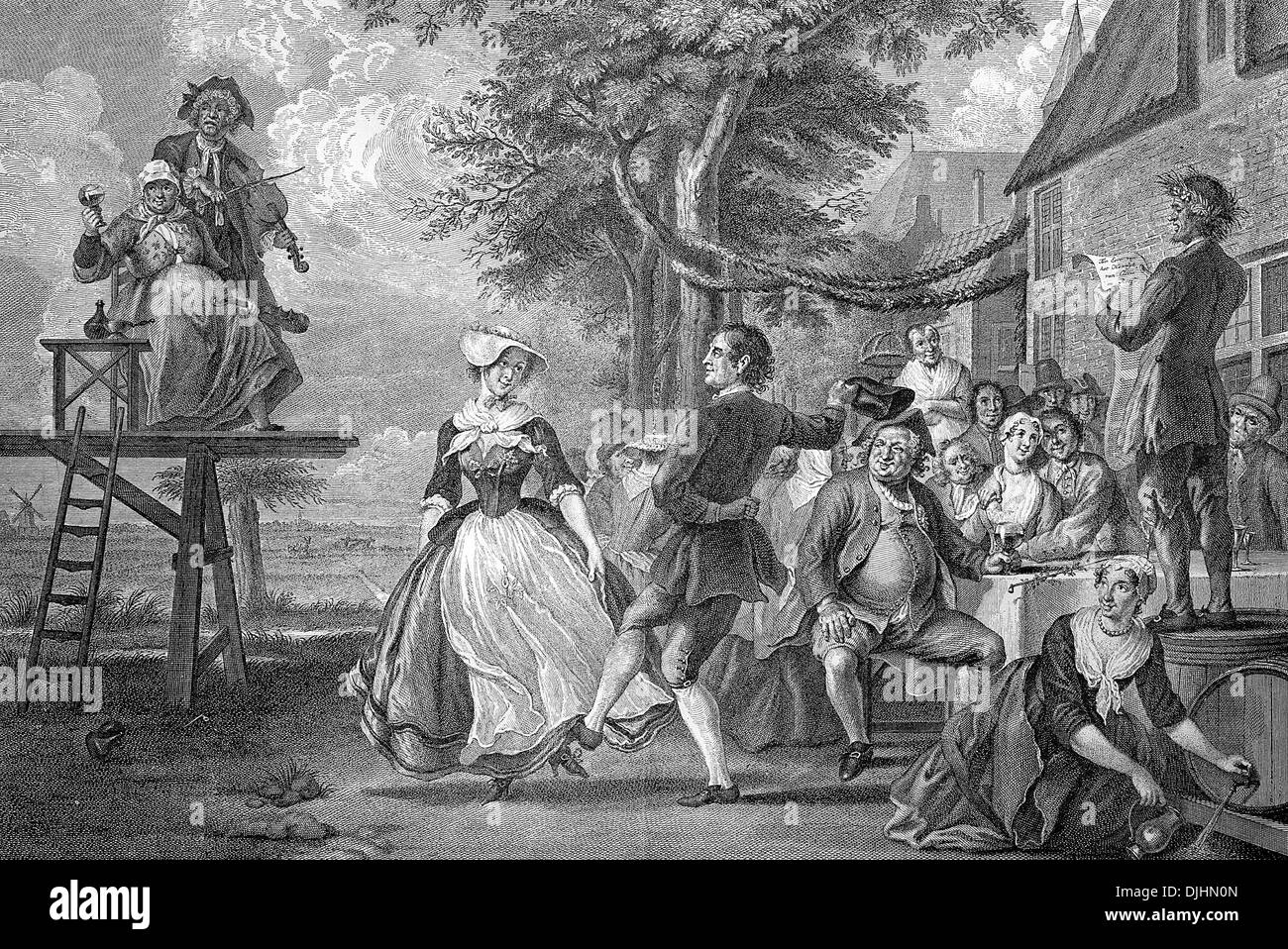 Die Hochzeit von Cloris und Rosette, Niederländisch Kupfer Kupferstich von P. Ort, 18. Jahrhundert Stockfoto