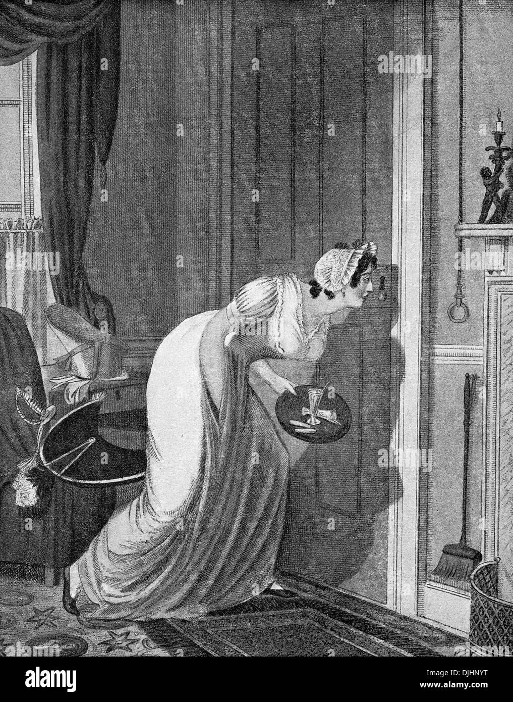 Neugierige Frau spähen durch ein Schlüsselloch, anonymer Kupferstich um 1810 Stockfoto