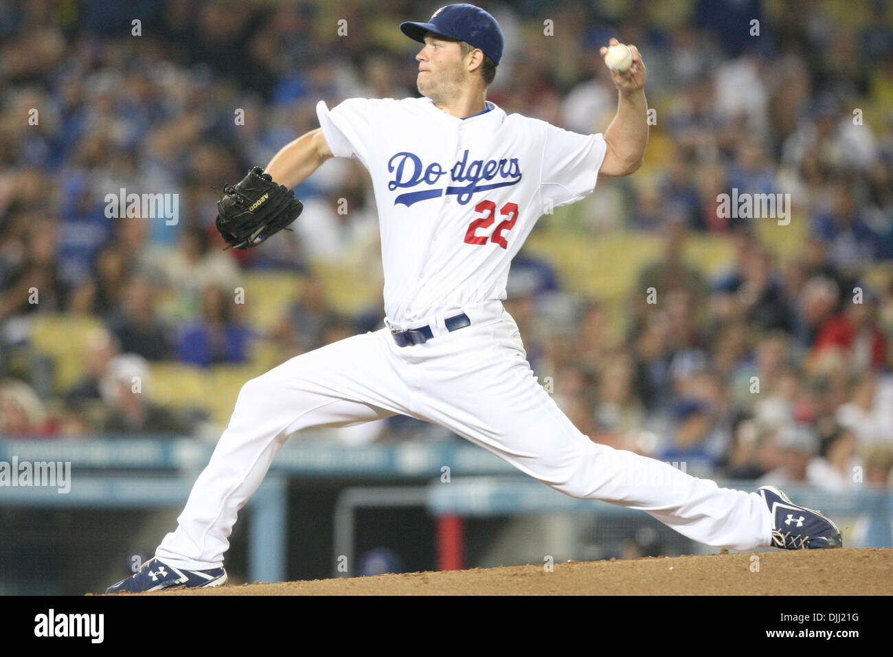 6. August 2010 - Los Angeles, California, Vereinigte Staaten von Amerika - 6. August 2010: Schwindler Krug (#22) CLAYTON KERSHAW Stellplätze während der Staatsangehörigen vs. Dodgers Spiel im Dodgers Stadium in Los Angeles, Kalifornien. Die Staatsangehörigen fuhr fort, die Dodgers mit einem Endstand von 6: 3 besiegen. Obligatorische Credit: Brandon Parry / Southcreek Global (Kredit-Bild: © Southcreek Global/ZUMApress.co Stockfoto