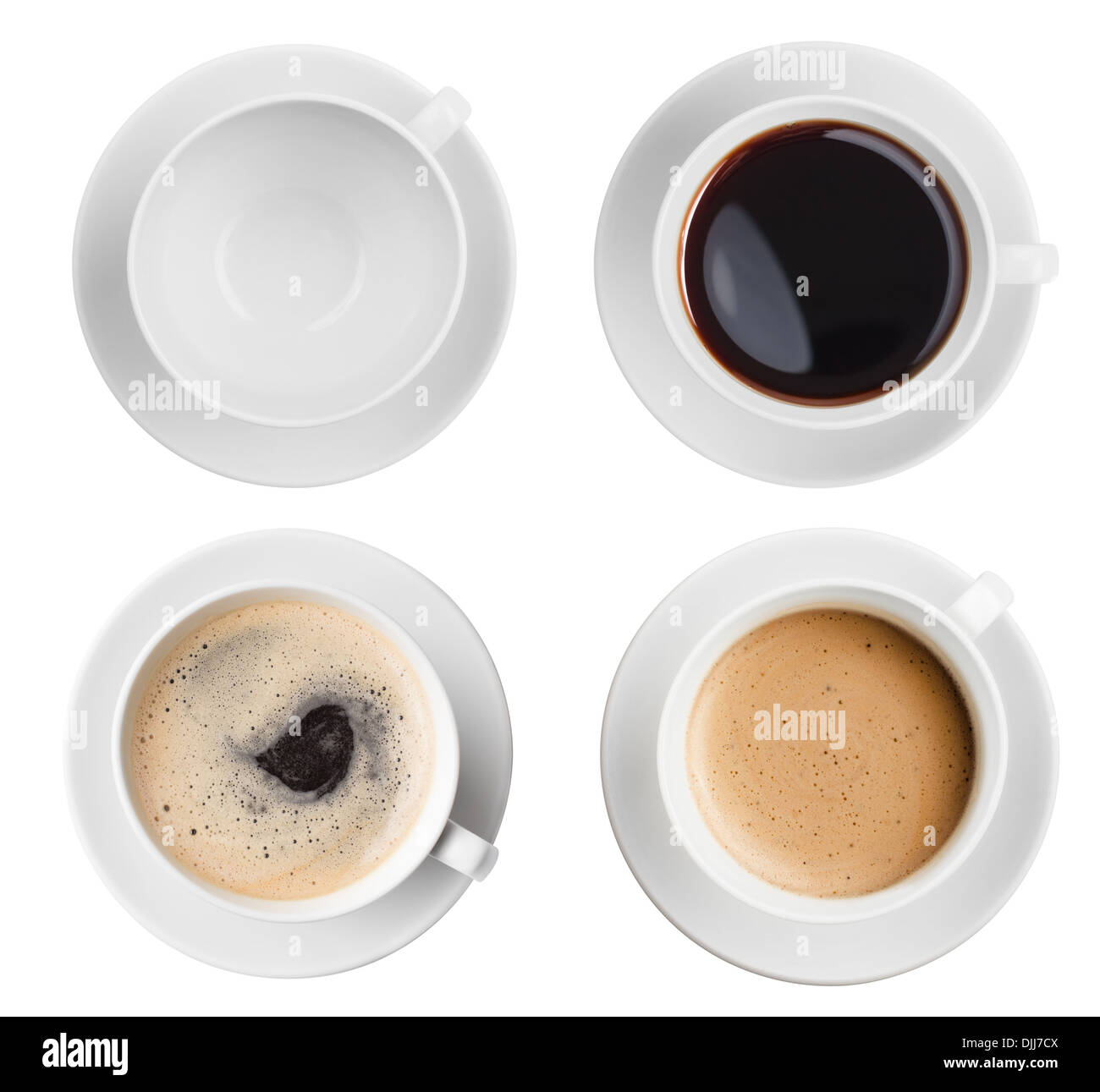 Kaffee Sortiment Draufsicht Tassenkollektion isoliert Stockfoto