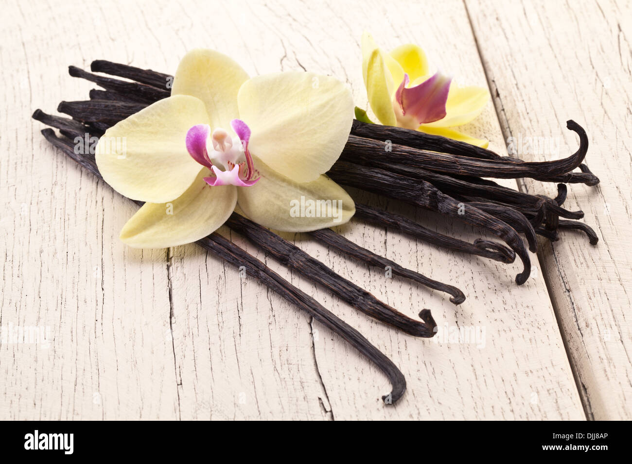 Vanille-sticks mit einer Blume auf einem weißen Holztisch. Stockfoto