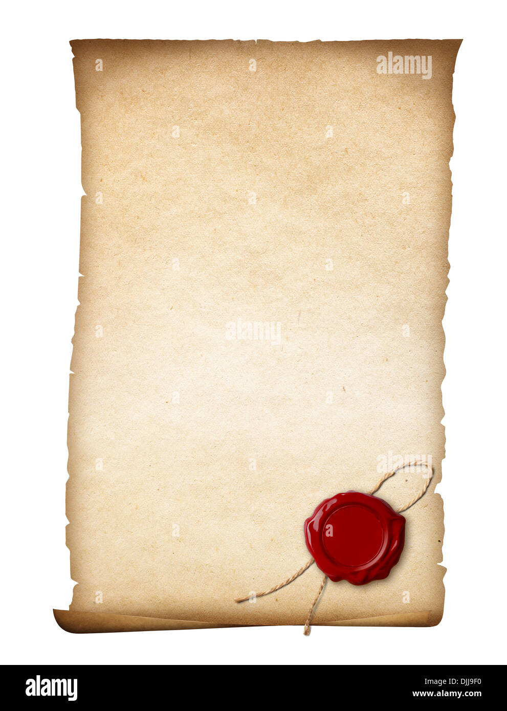 Pergament oder altes Papier mit Wachssiegel isoliert Stockfoto, Bild 63097524