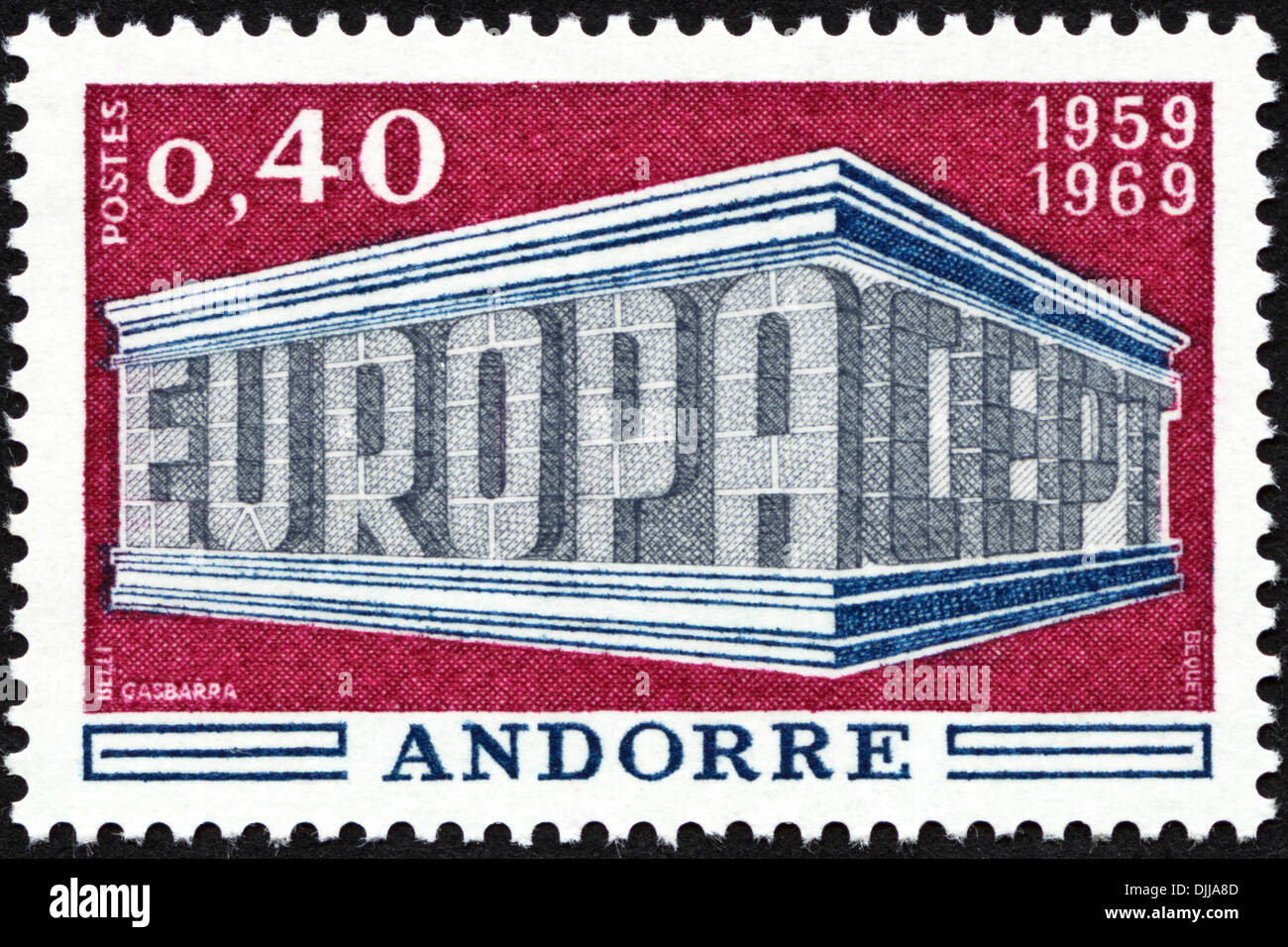 Briefmarke Andorra 0,40 mit Europa CEPT 1959 - 1969 ausgestellt 1969 Stockfoto