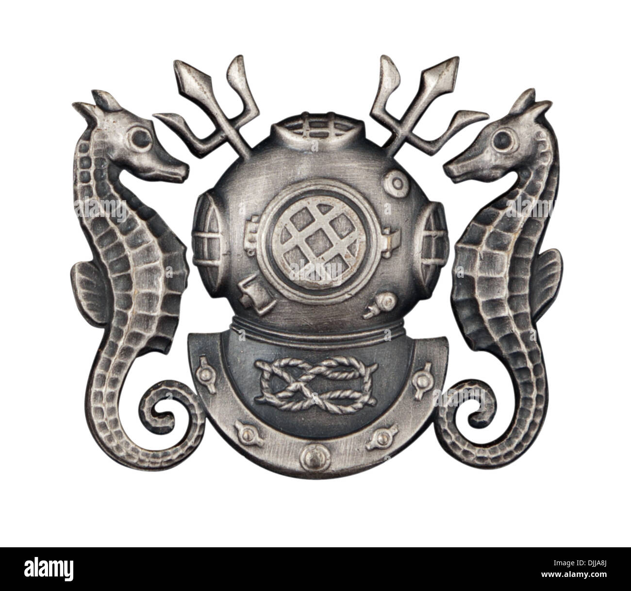 Ausschnitt-Bild eines Marine Master Diver-Abzeichen auf weiß Stockfoto