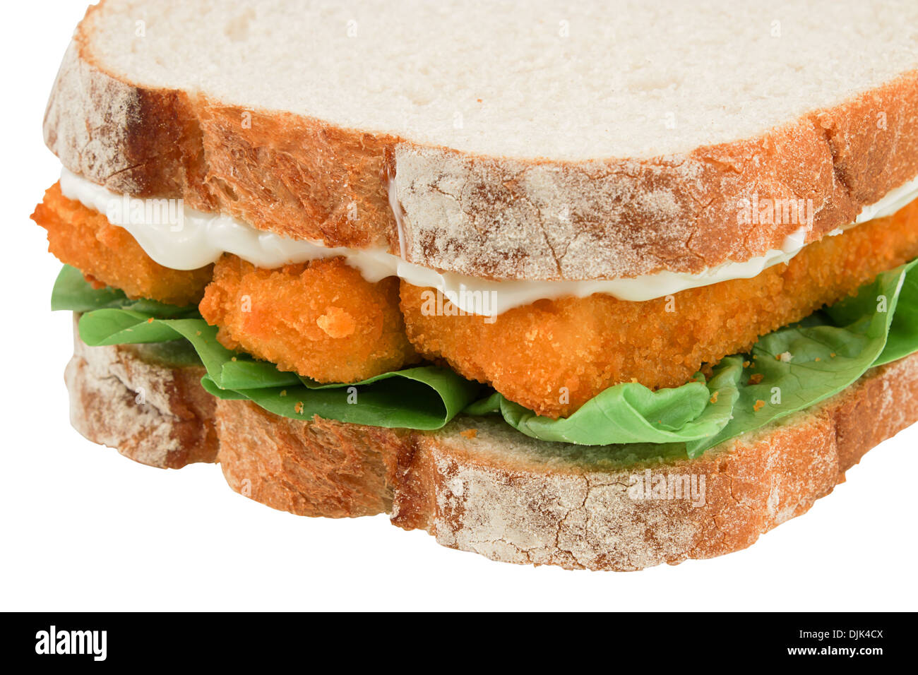 Frischer Fisch Finger Sandwich hautnah vor einem weißen Hintergrund isoliert Stockfoto