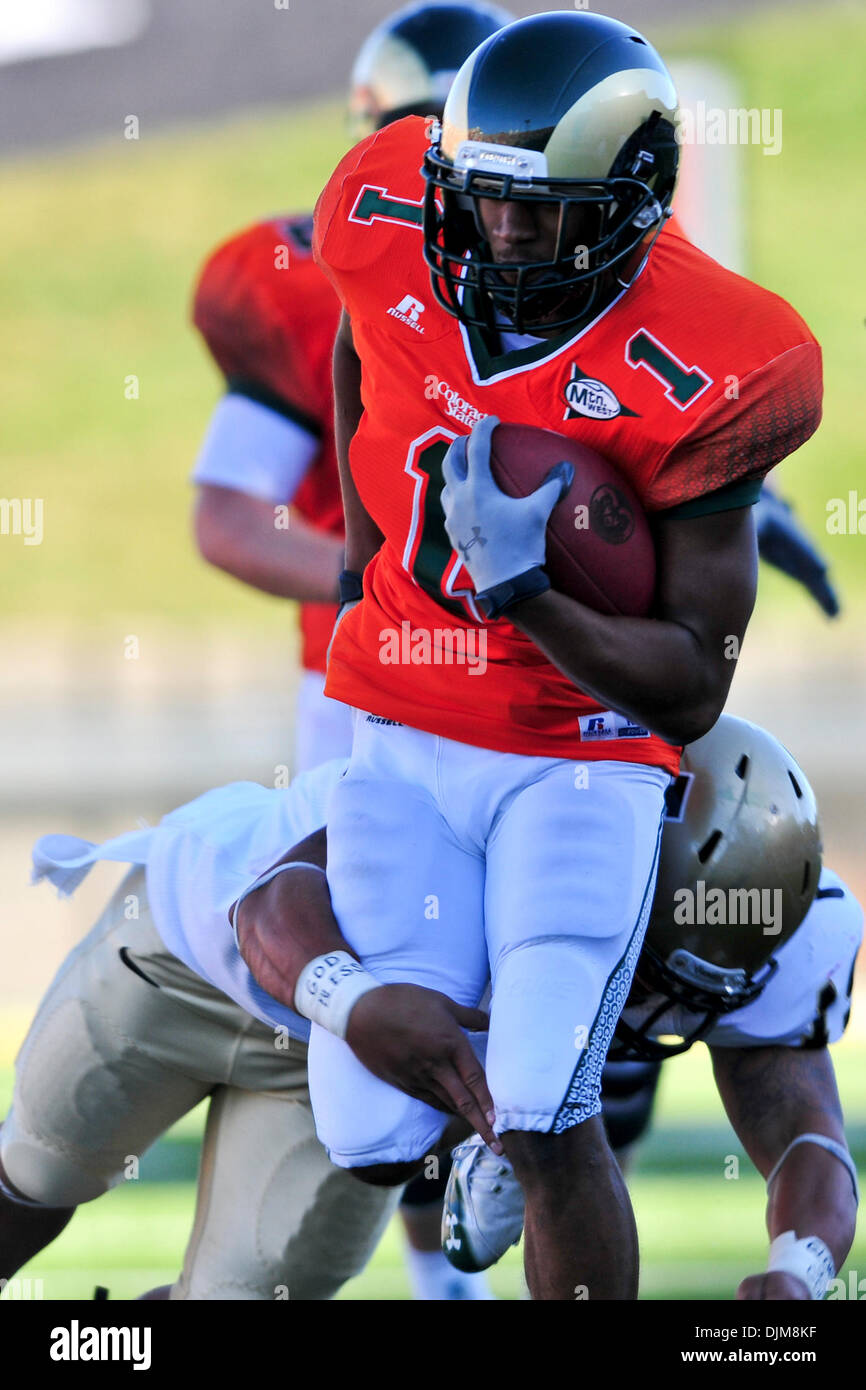 24. September 2010 - Fort Collins, Colorado, Vereinigte Staaten von Amerika - Colorado State Rams Empfänger Eric Greenwood (1) bricht ein Angriff gegen die Vandalen Idaho bei Sonny Lubick Field Stadium Hughes. Colorado State besiegt Idaho 36-34. (Kredit-Bild: © Michael Furman/Southcreek Global/ZUMApress.com) Stockfoto