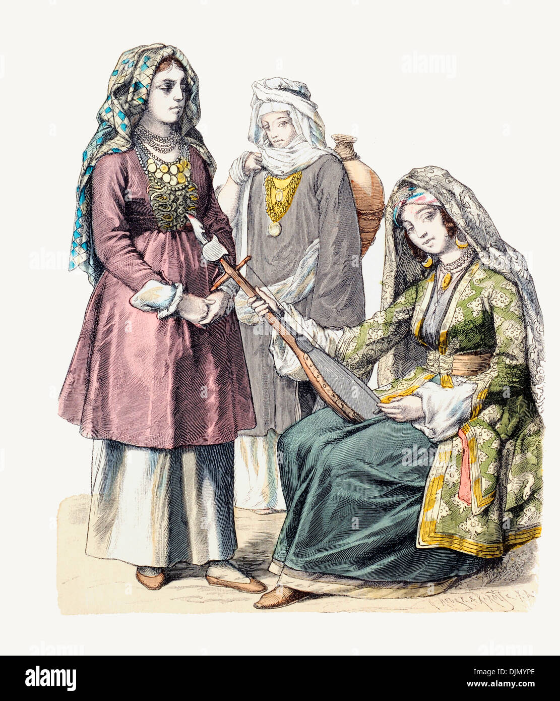 19. Jahrhundert XIX kaukasischen Frauen aus Kazan-Dargestan (von links nach rechts) und Kosaken des Schwarzen Meeres Stockfoto