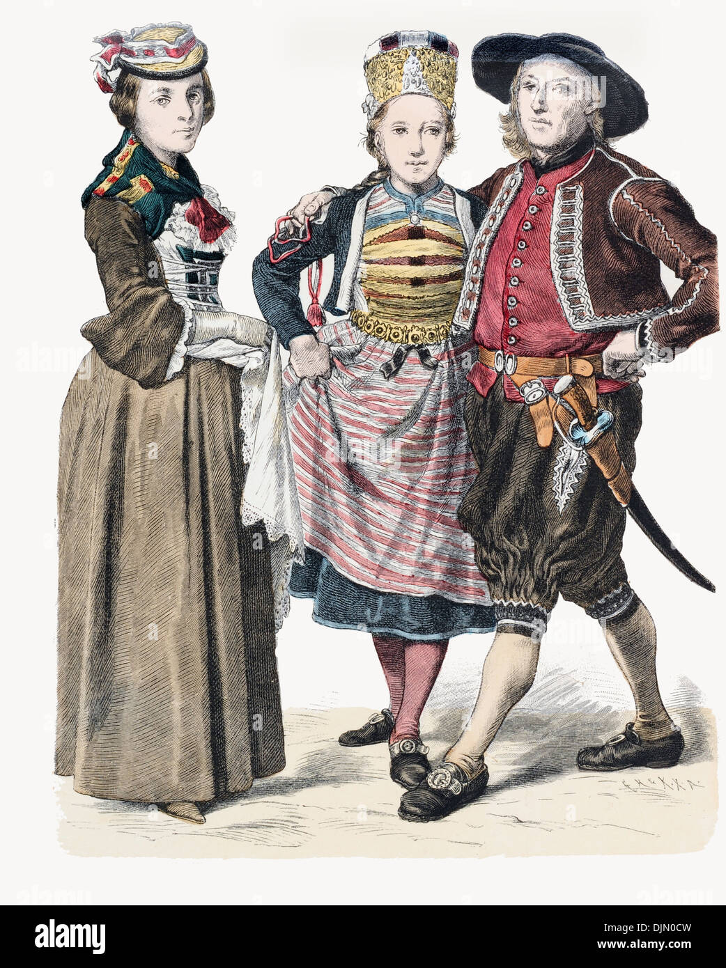 Ende des 18. Jahrhunderts XVIII 1700er Jahren Schweizer Ehepaar aus Zürich und Dame links aus dem Wallis Stockfoto