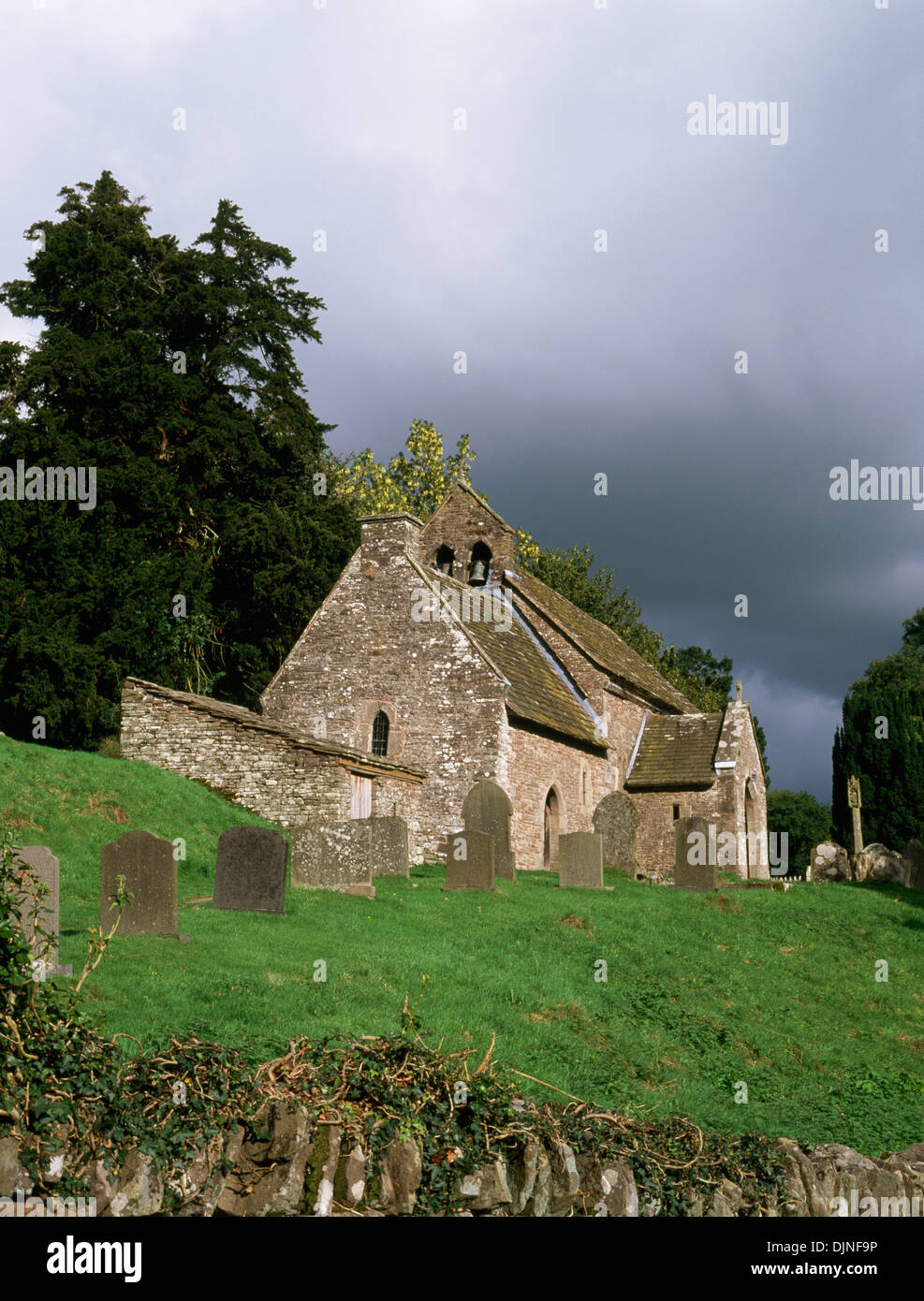 St Issui Kirche, Partrishow, Powys, gründete C 1060 zeigt L-sind stabil, Schrein Kapelle, Schiff, Veranda und Kirchhof Kreuz zu predigen. Stockfoto