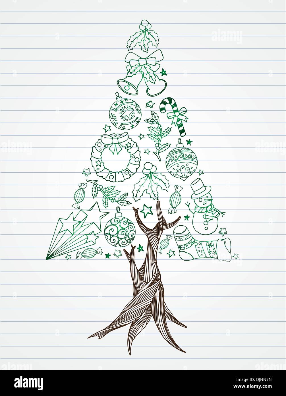 Kiefer Baum Weihnachten Kritzeleien auf Liniertes Papier aus. Stock Vektor