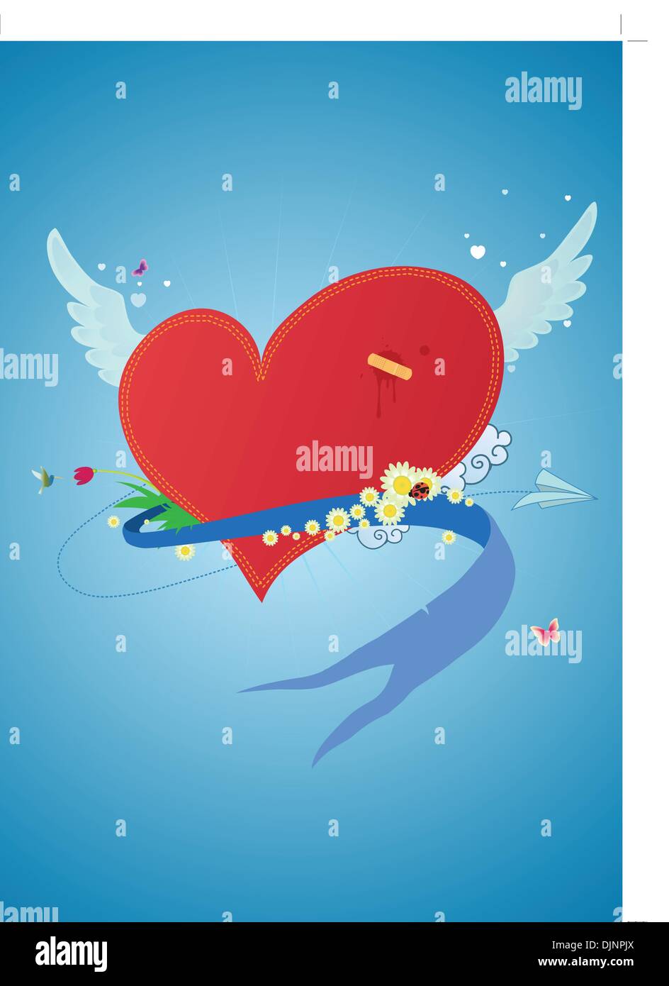 Cool funky rotes Herz in den Himmel fliegen. Ideal für Valentinstag und Hochzeit-Postkarten Stock Vektor