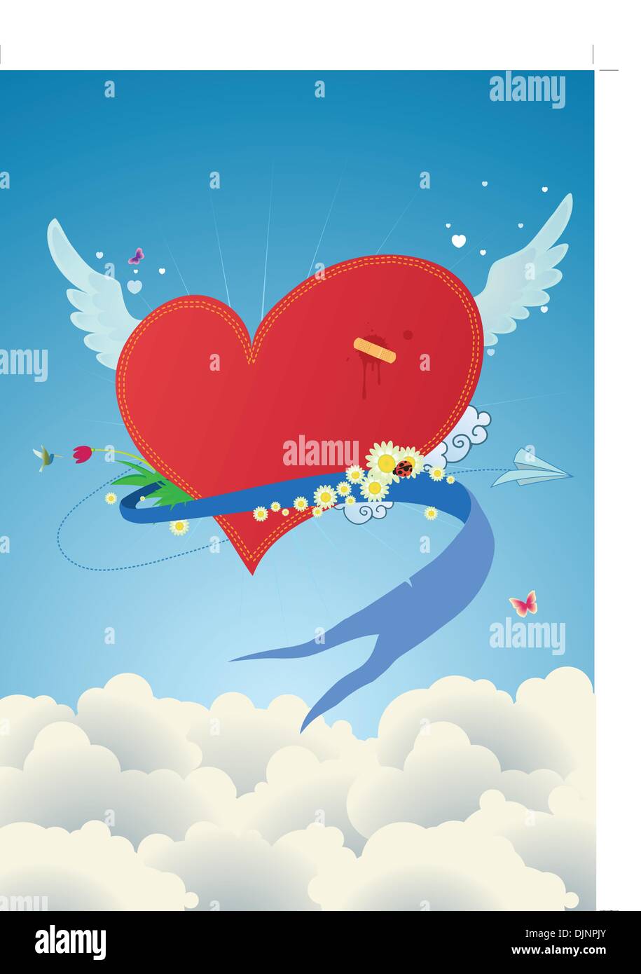 Cool funky rotes Herz fliegen über den Wolken. Ideal für Valentinstag und Hochzeit-Postkarten Stock Vektor