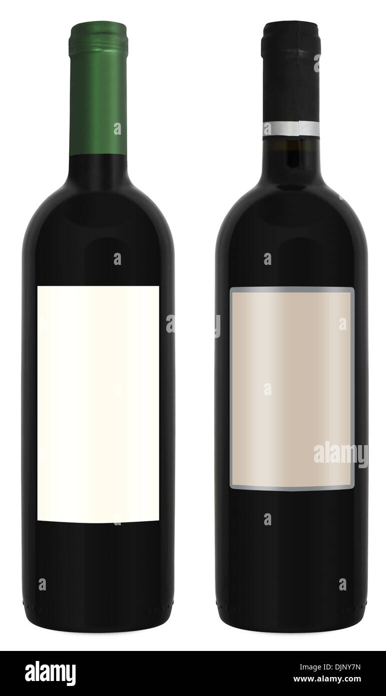 Zwei Flaschen Rotwein isoliert auf weißem Hintergrund Stockfoto