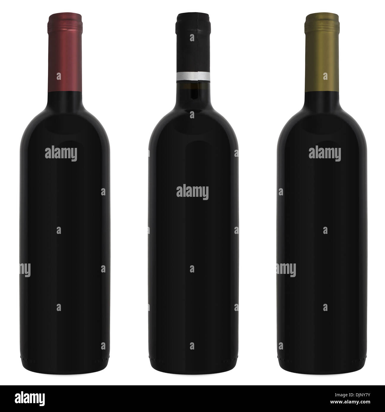 Drei Flaschen Rotwein isoliert auf weißem Hintergrund Stockfoto