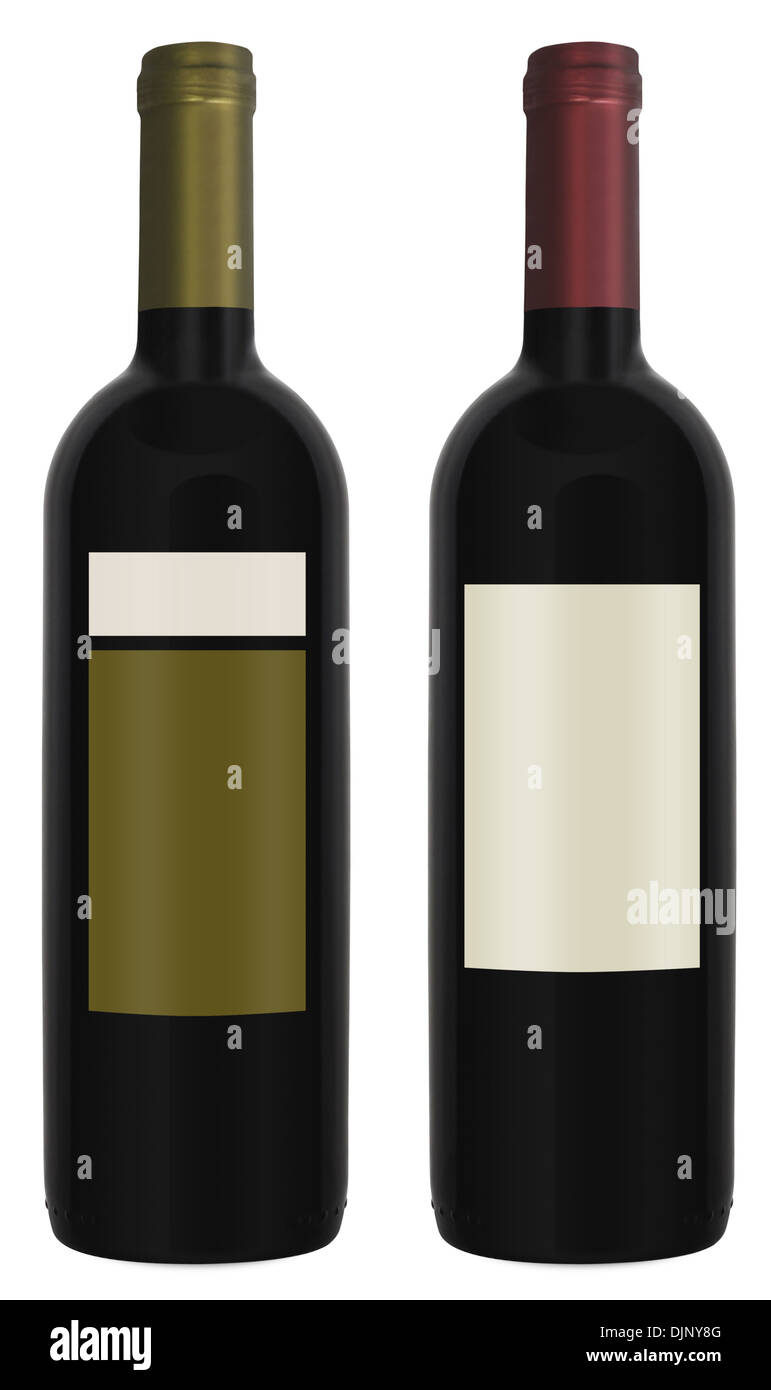 Zwei Flaschen Rotwein isoliert auf weißem Hintergrund Stockfoto