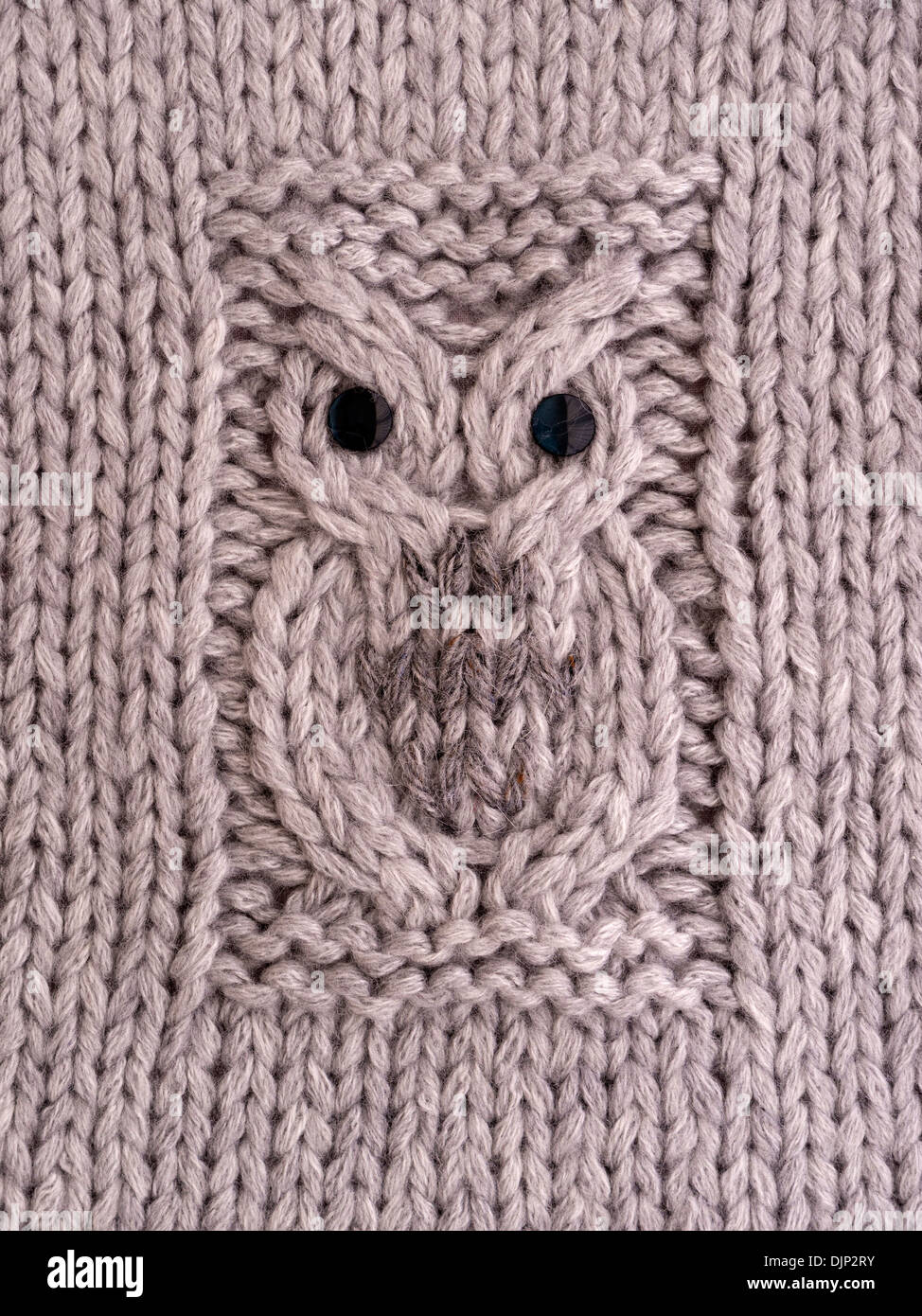 Handgestrickte Eule Motiv Muster auf Kissenhülle in grau wolle. Stockfoto