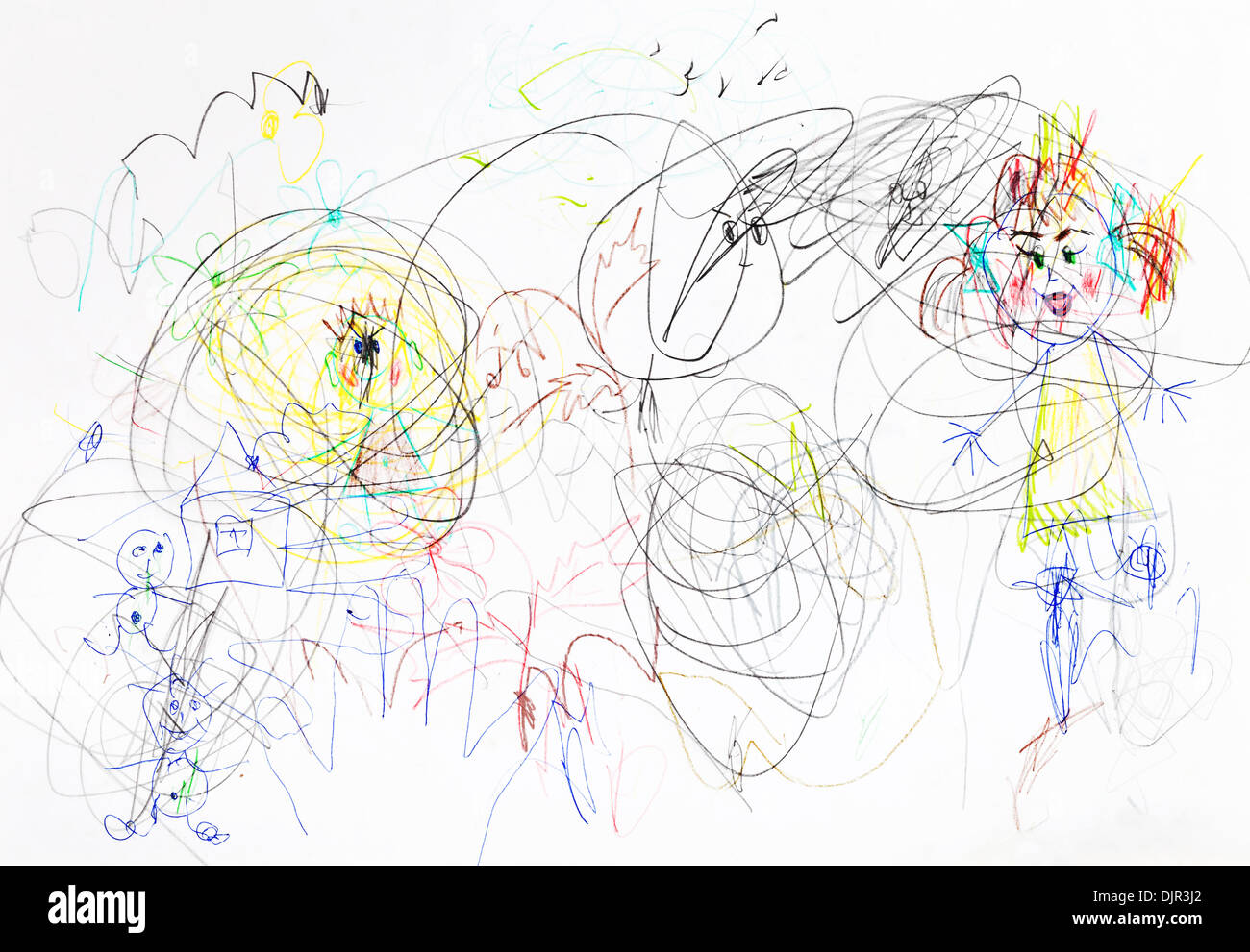 Kinder zeichnen - Chaos bei Familie Erziehung Stockfoto