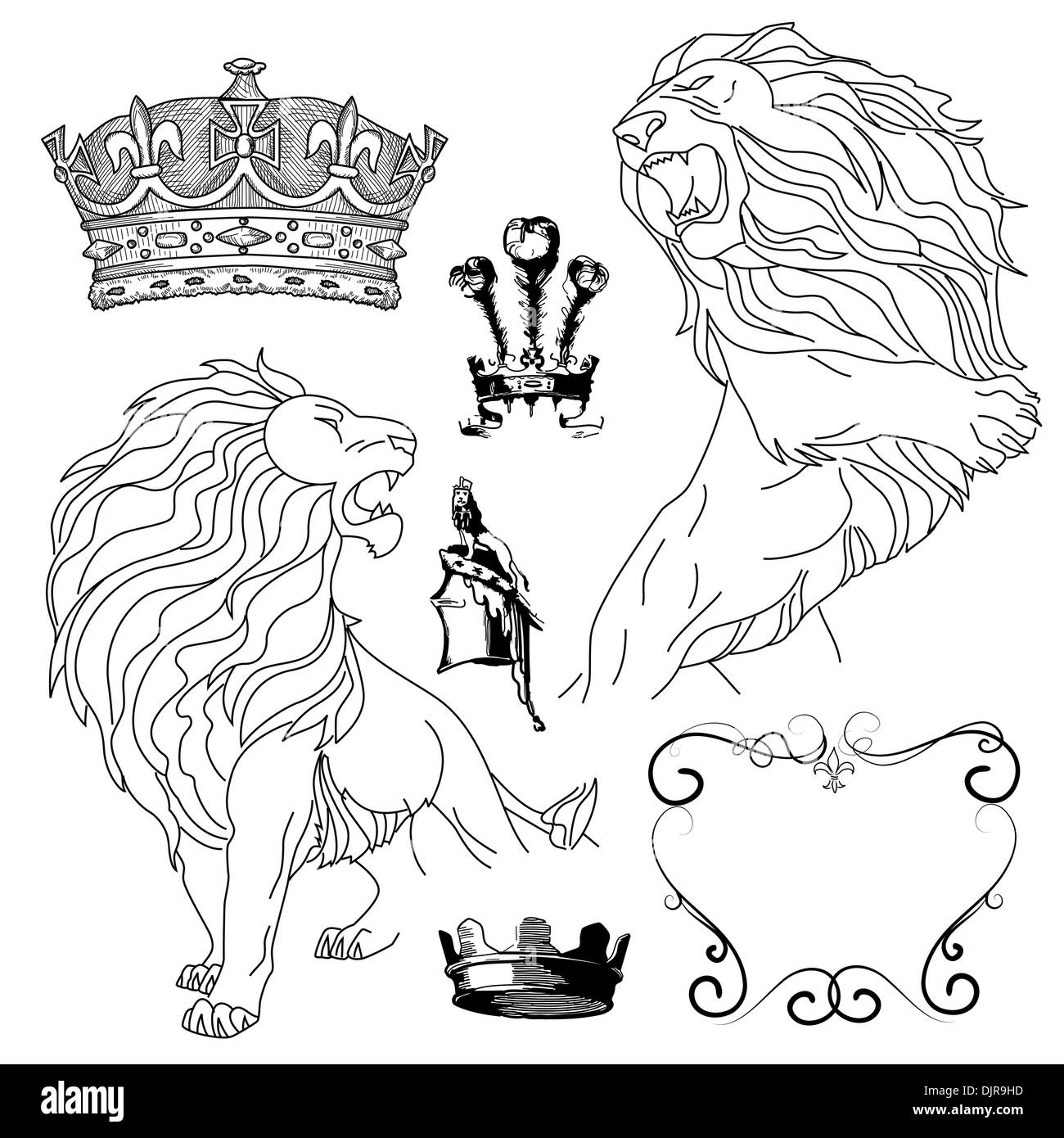 Satz von Löwe und Krone Heraldik Stock Vektor