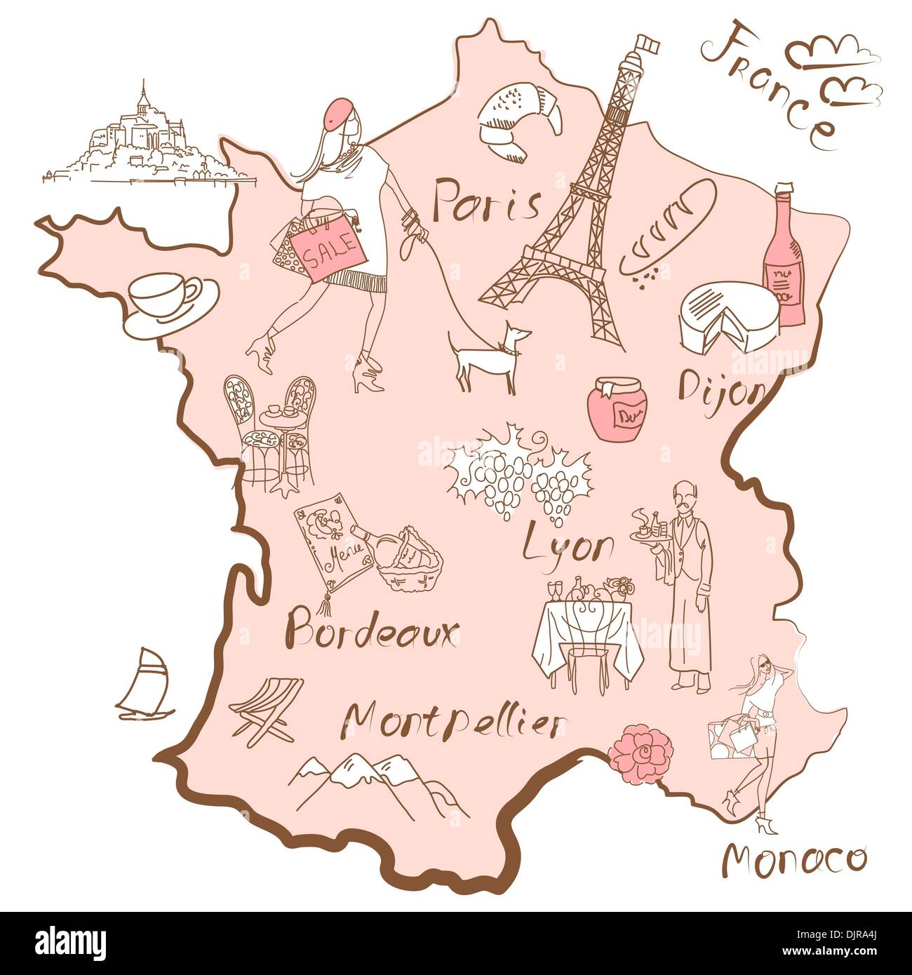 Stilisierte Landkarte von Frankreich. Dinge, denen verschiedene Regionen Frankreichs berühmt sind. Stock Vektor