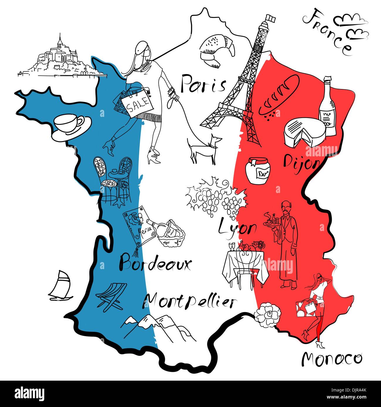 Stilisierte Landkarte von Frankreich. Dinge, denen verschiedene Regionen Frankreichs berühmt sind. Stock Vektor