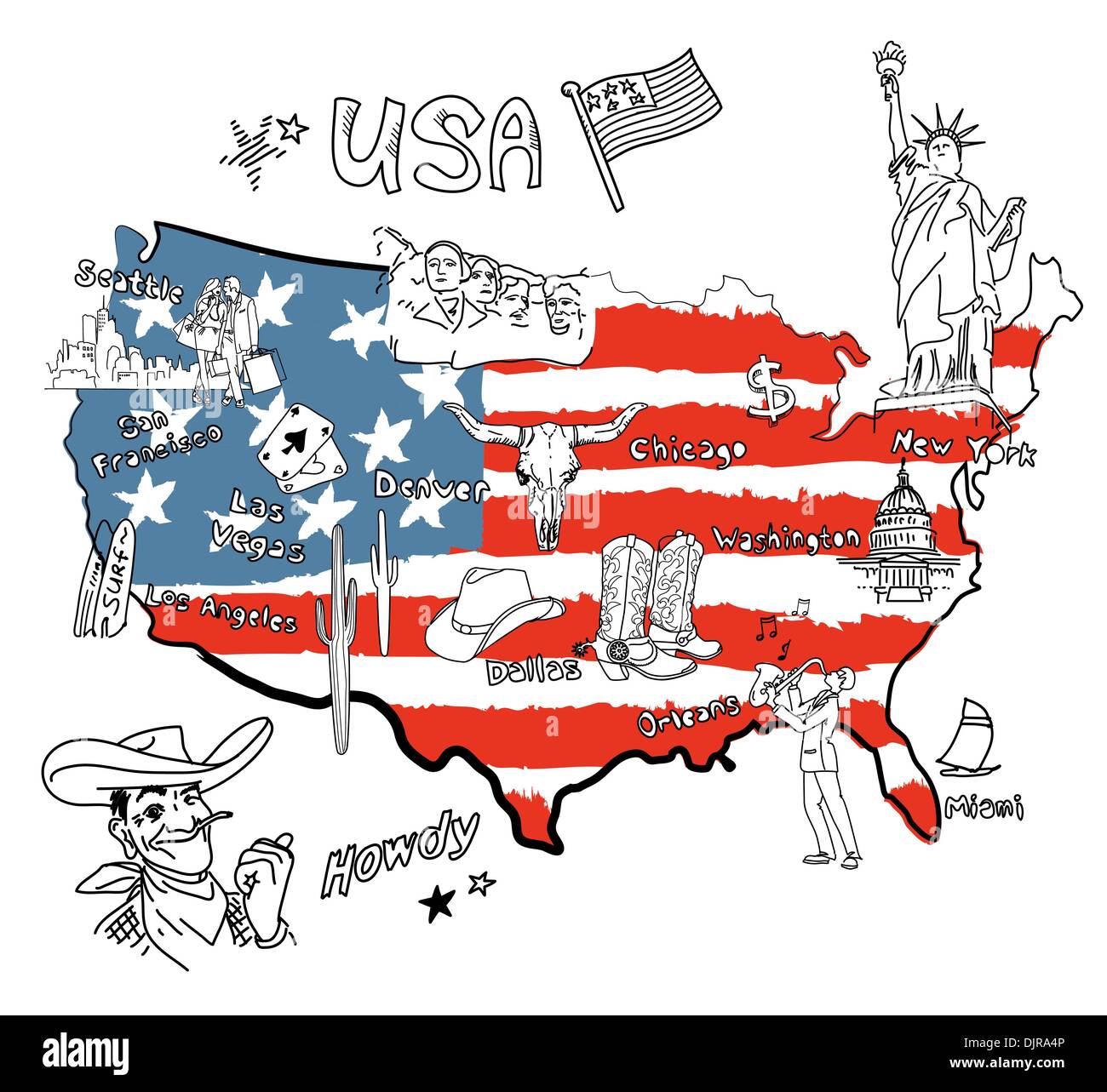 Stilisierte Landkarte von Amerika. Dinge, denen verschiedene Regionen in den USA berühmt sind. Stock Vektor