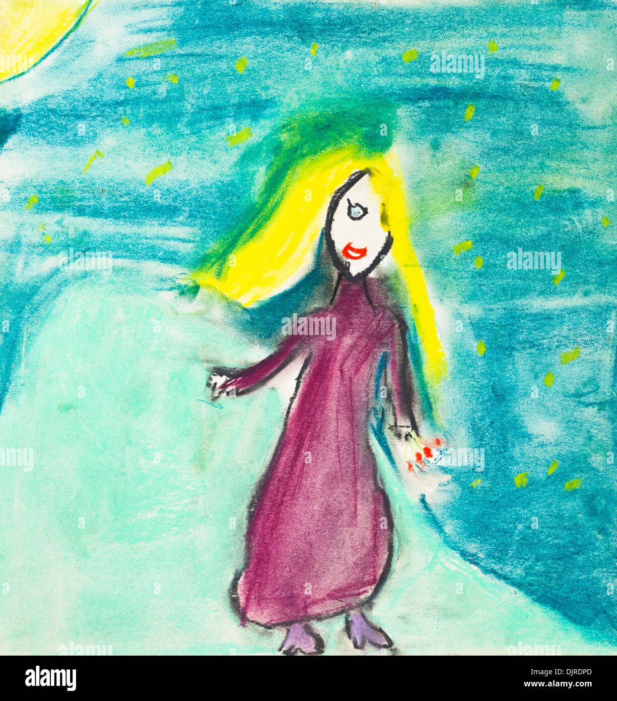 Kinder Zeichnung - Mädchen mit langen gelben Haaren und roten Kleid herüber Sommer Nachthimmel Stockfoto