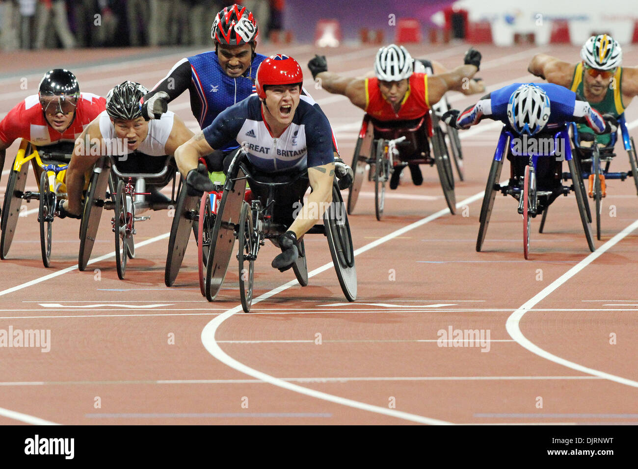 David Weir gewinnt die Mens 1500m - T54 im Olympia-Stadion in London 2012 Paralympischen Spiele. Stockfoto