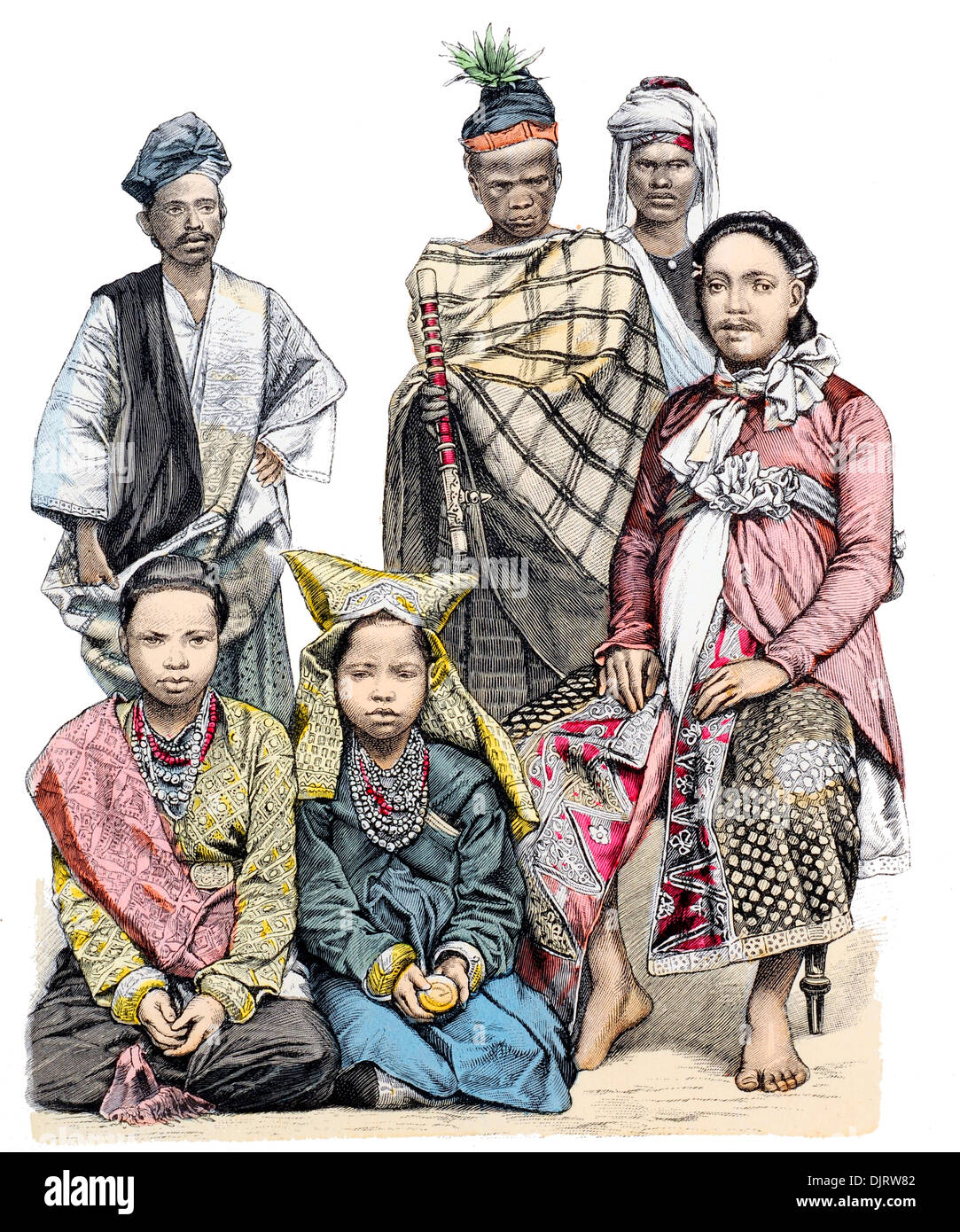 Ende des 19. Jahrhunderts ließ XIX 1800er Jahren zu richtigen Malaien von Sumatra Mann der Battas, Celebes Mann von Makassar Stockfoto