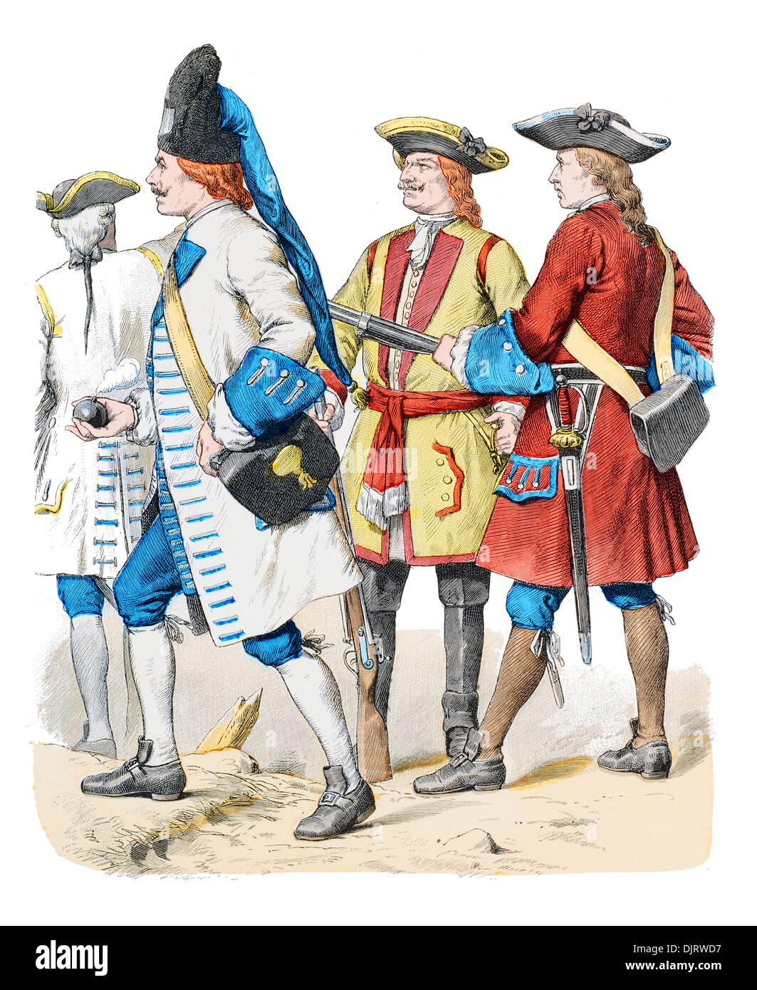 18. Jahrhundert XVIII 1700er Jahren deutsche Soldaten Offizier Dragoner und Infanterie Stockfoto