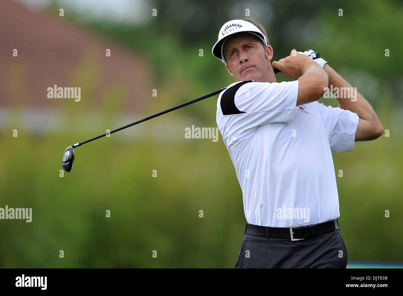 Stuart Appleby abschlägt am 9. Loch während der HP Byron Nelson Championship bei TPC vier Jahreszeiten Resort Las Colinas in Irving, Texas (Credit-Bild: © Patrick Grün/Southcreek Global/ZUMApress.com) Stockfoto