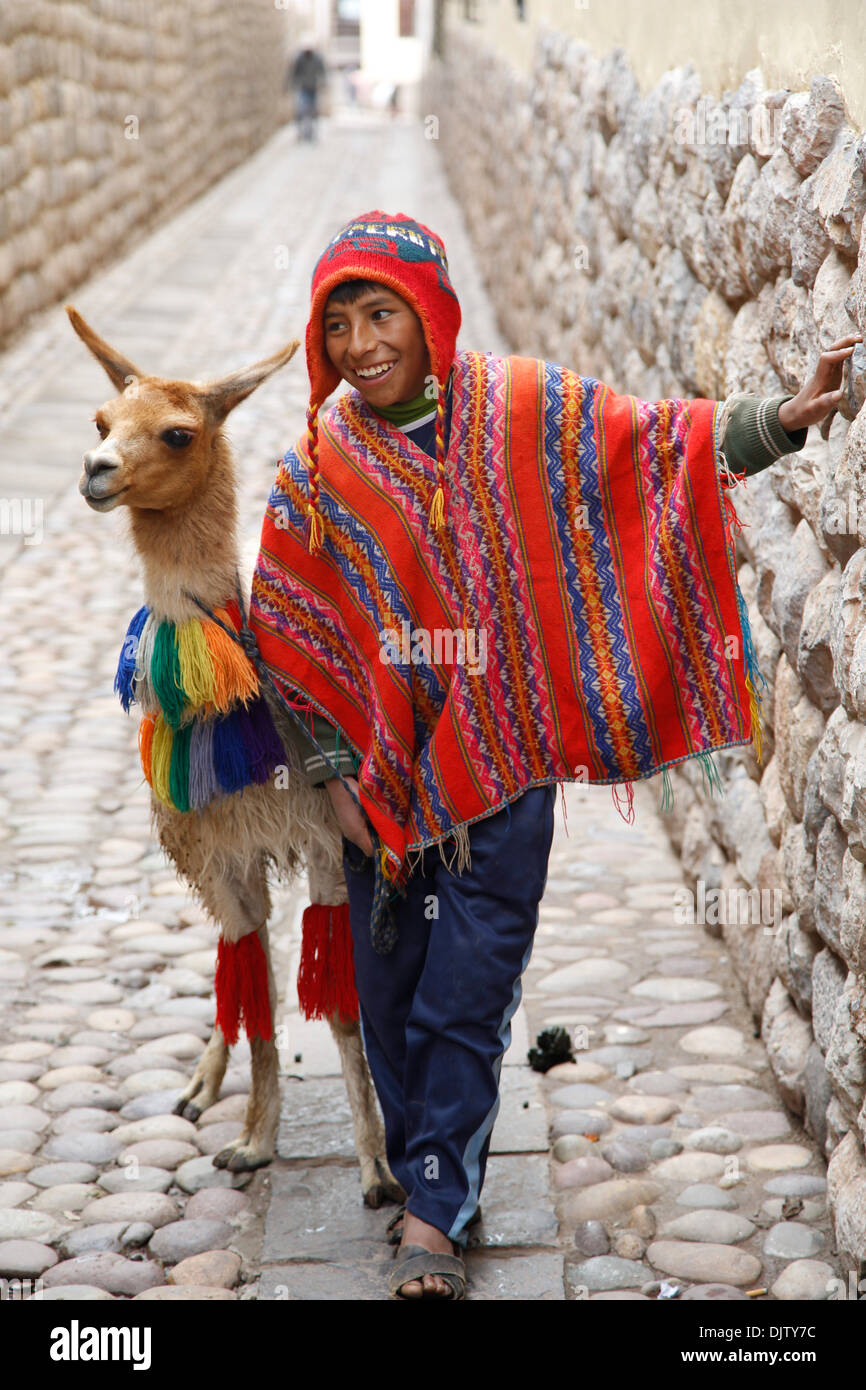 Quechua-junge mit einem Lama, Cuzco, Peru. Stockfoto