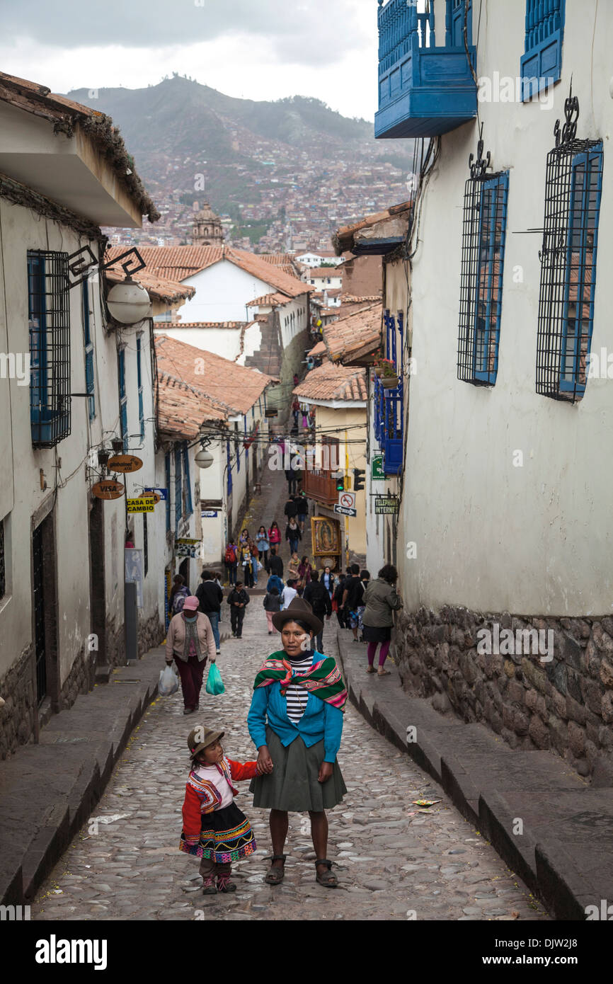 Straßenszene in San Blas Nachbarschaft, Cuzco, Peru. Stockfoto