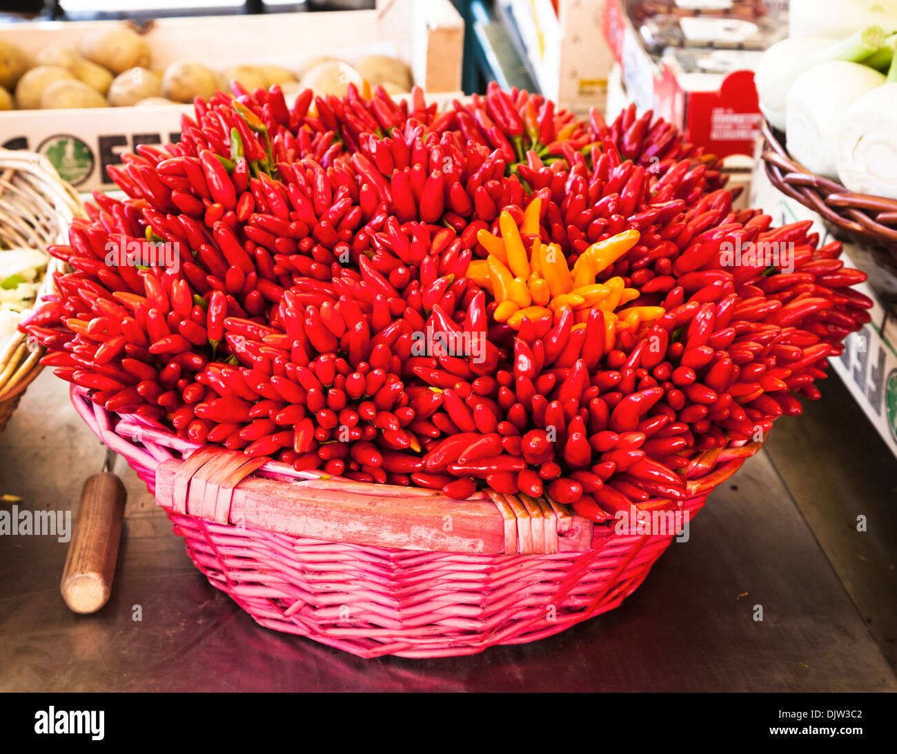 Ein Korb voll von roten und gelben Paprika (Paprika), Venedig-Fischmarkt, Italien. Stockfoto