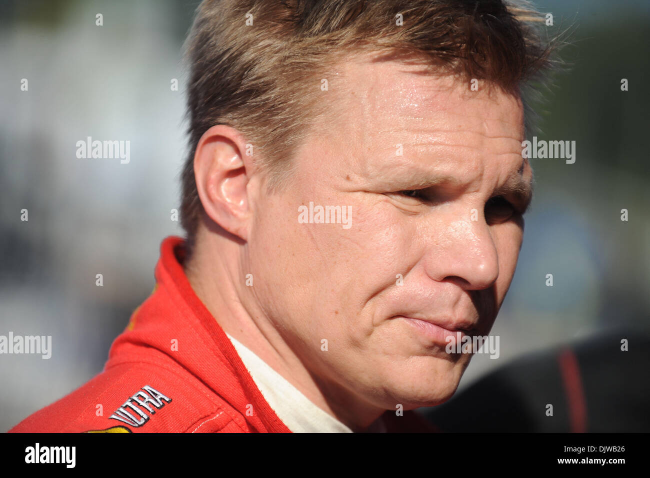 1. Oktober 2010 - Braselton, Georgia, USA - Ferrari-Pilot MIKA SALO, Finnland, während des Trainings für das Autorennen Petit Le Mans in Braselton, Georgia. (Kredit-Bild: © Rainier Ehrhardt/ZUMA Press) Stockfoto