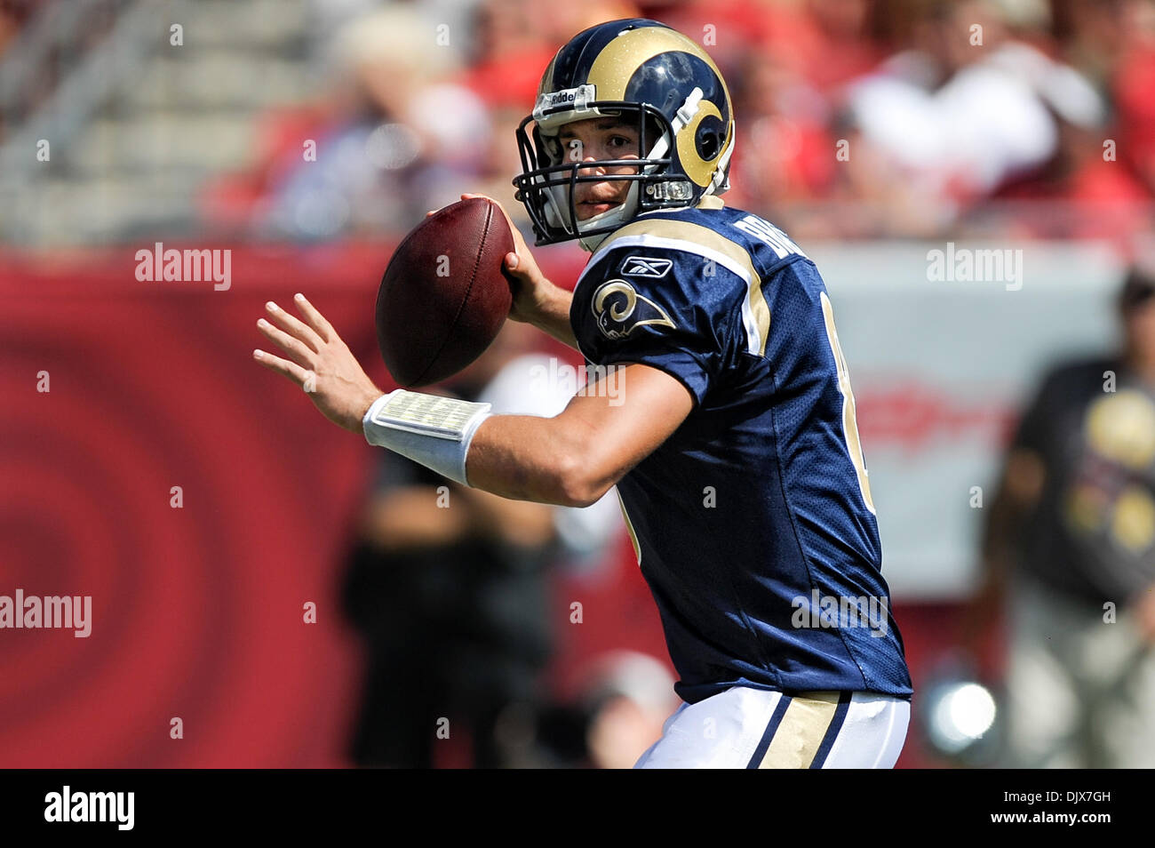 24. Oktober 2010 - Tampa, Florida, Vereinigte Staaten von Amerika - St. Louis Rams Quarterback Sam Bradford (8) fällt zurück auf pass.during Woche sieben der 2010 NFL-Saison in einem Spiel zwischen den Tampa Bay Buccaneers und die St. Louis Rams. Die Bucs gewann 18-17. (Kredit-Bild: © Scott Kelby/Southcreek Global/ZUMApress.com) Stockfoto