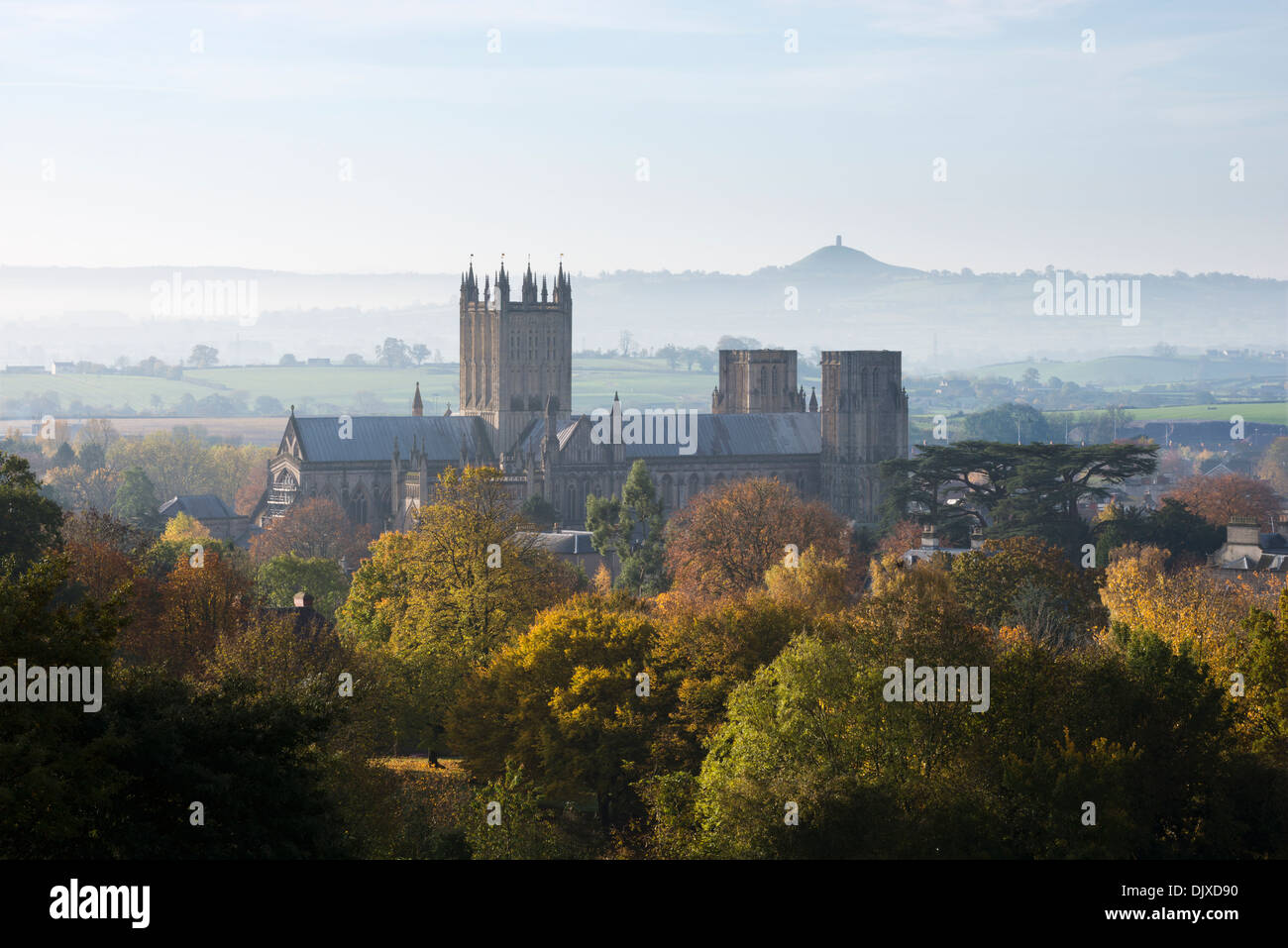 Wells Cathedral inmitten herbstlichen Bäume in der Landschaft von Somerset, UK. Stockfoto