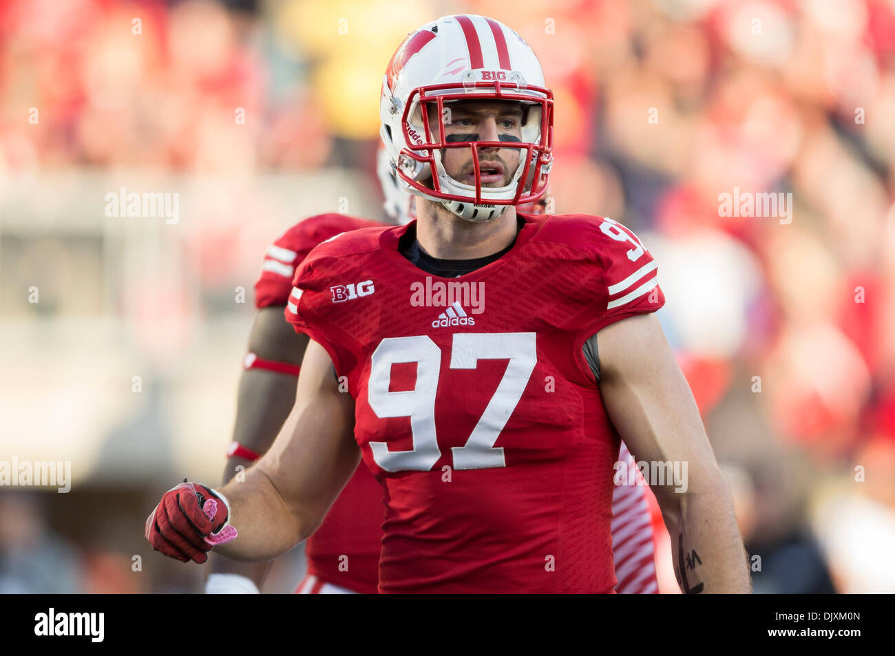 Madison, Wisconsin, USA. 30. November 2013. 30. November 2013: Wisconsin Badgers Linebacker Brendan Kelly #97 während der NCAA Football-Spiel zwischen der Penn State Nittany Lions und die Wisconsin Badgers im Camp Randall Stadium in Madison, Wisconsin. Penn State besiegt Wisconsin 31-24. John Fisher/CSM/Alamy Live-Nachrichten Stockfoto