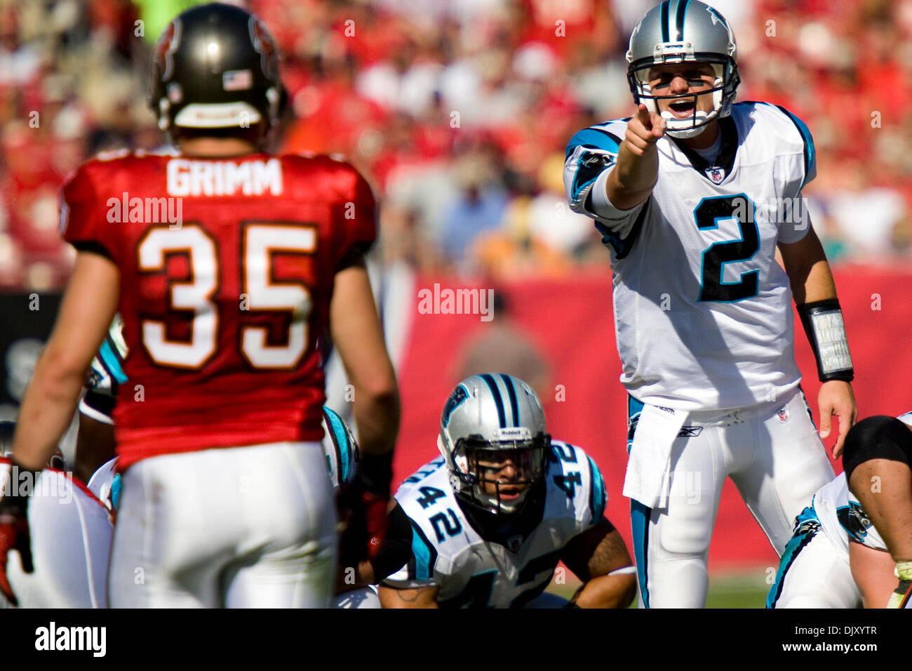 14. November 2010 - Tampa, Florida, USA - Carolina Panthers quarterback Jimmy Clausen (2) Punkte für die Tampa Bay Buccaneers Sicherheit Cody Grimm (35). . Die Tampa Buccaneers besiegen die Carolina Panthers 31-16 (Credit-Bild: © Anthony Smith/Southcreek Global/ZUMApress.com) Stockfoto